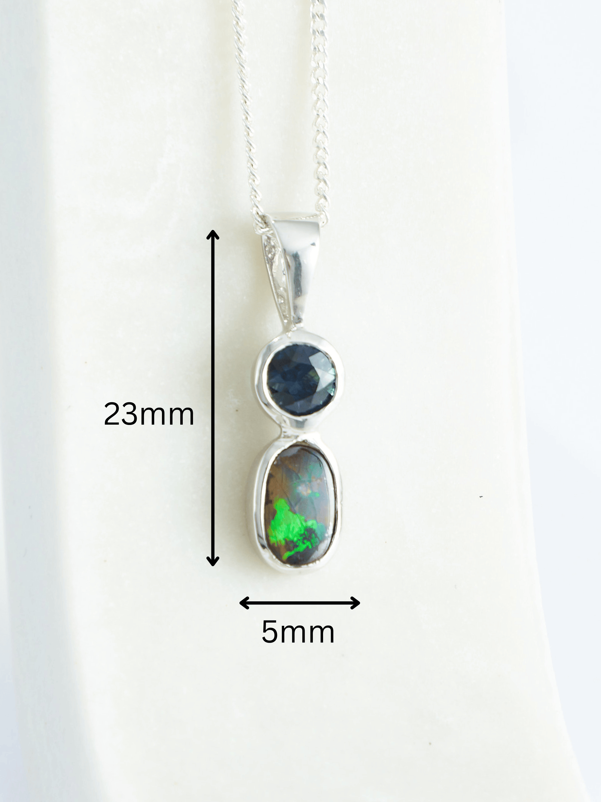 Australian Boulder Opal with Queensland Blue Sapphire Silver Pendant measurements