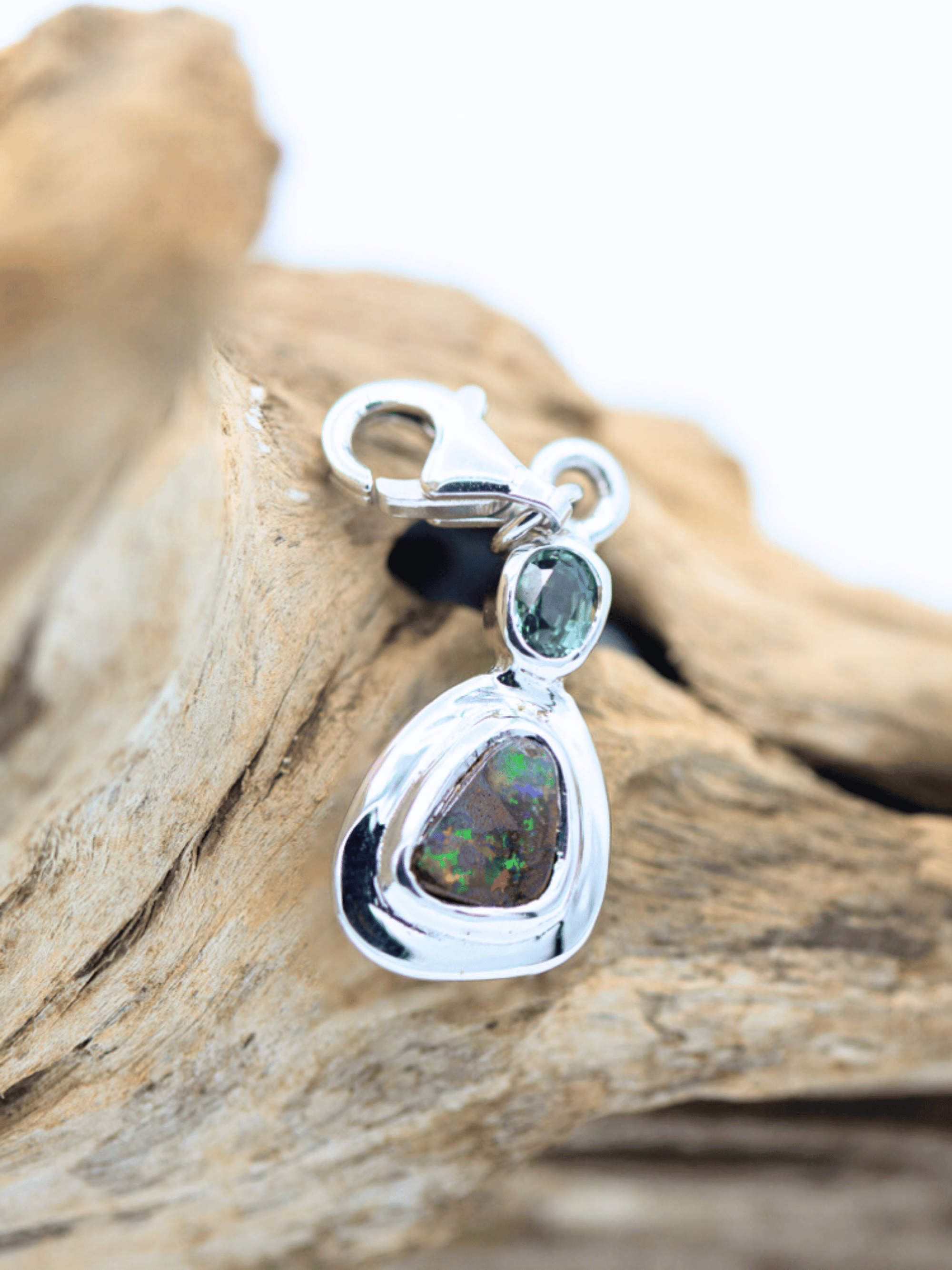 Australian Boulder Opal with Queensland Sapphire Silver Frame Bracelet Charm