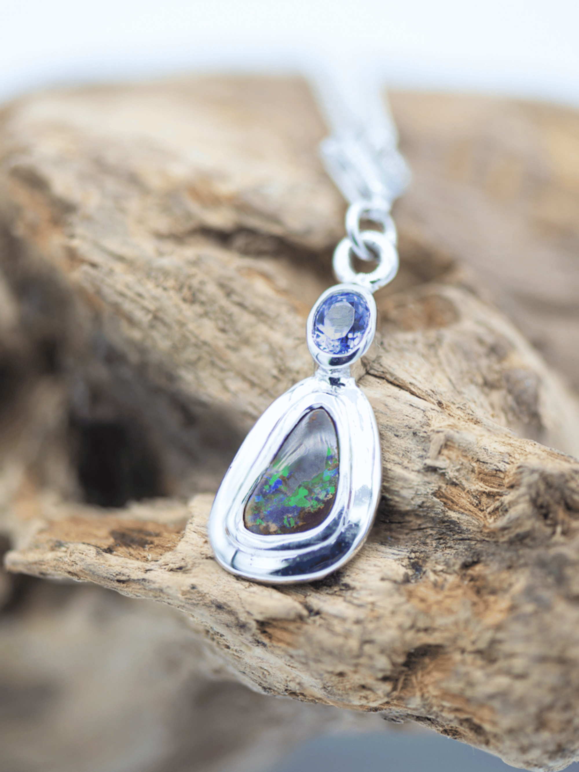 Australian Boulder Opal with Tanzanite Silver Frame Bracelet Charm