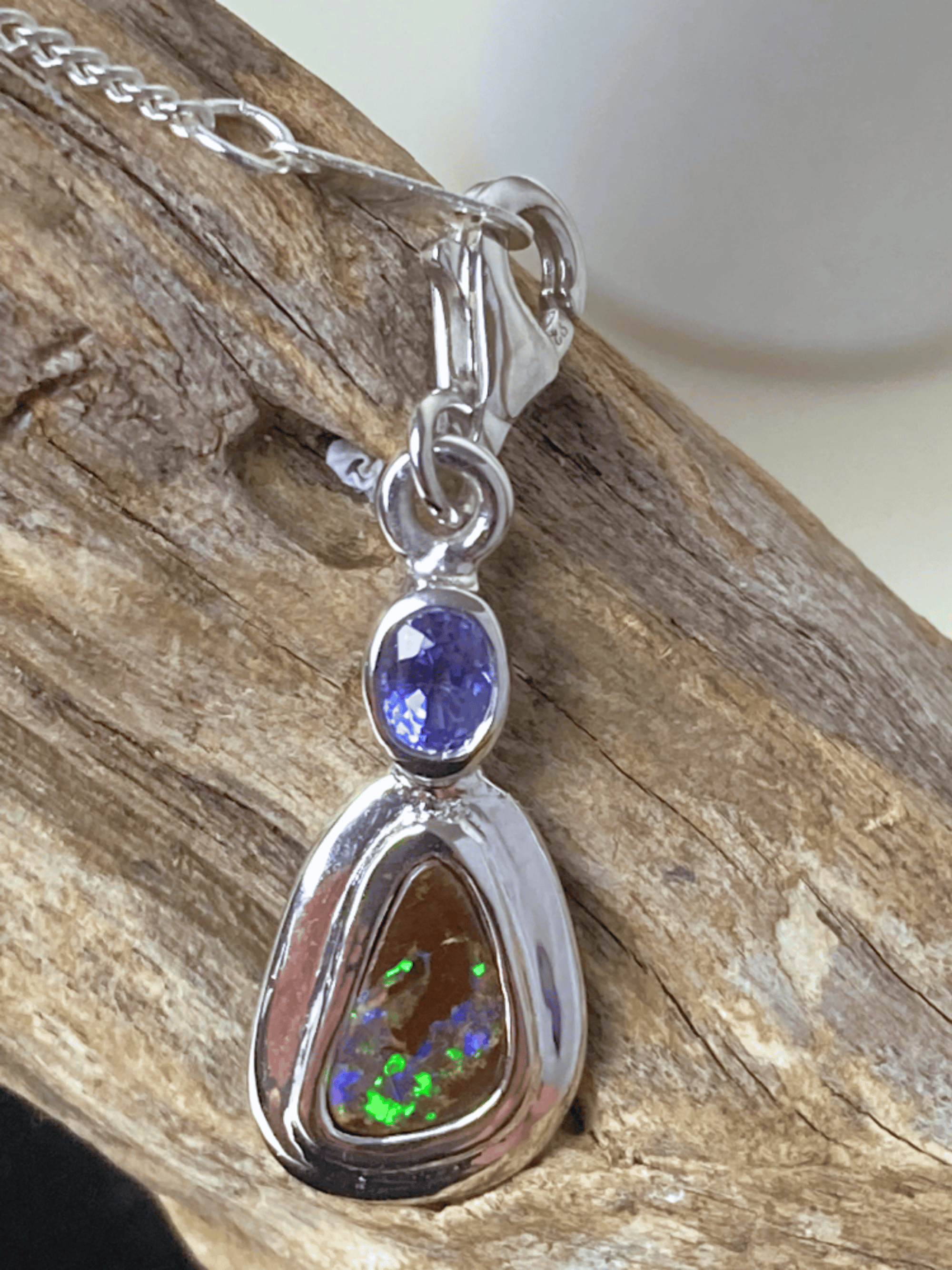 Australian Boulder Opal with Tanzanite Silver Frame Bracelet Charm