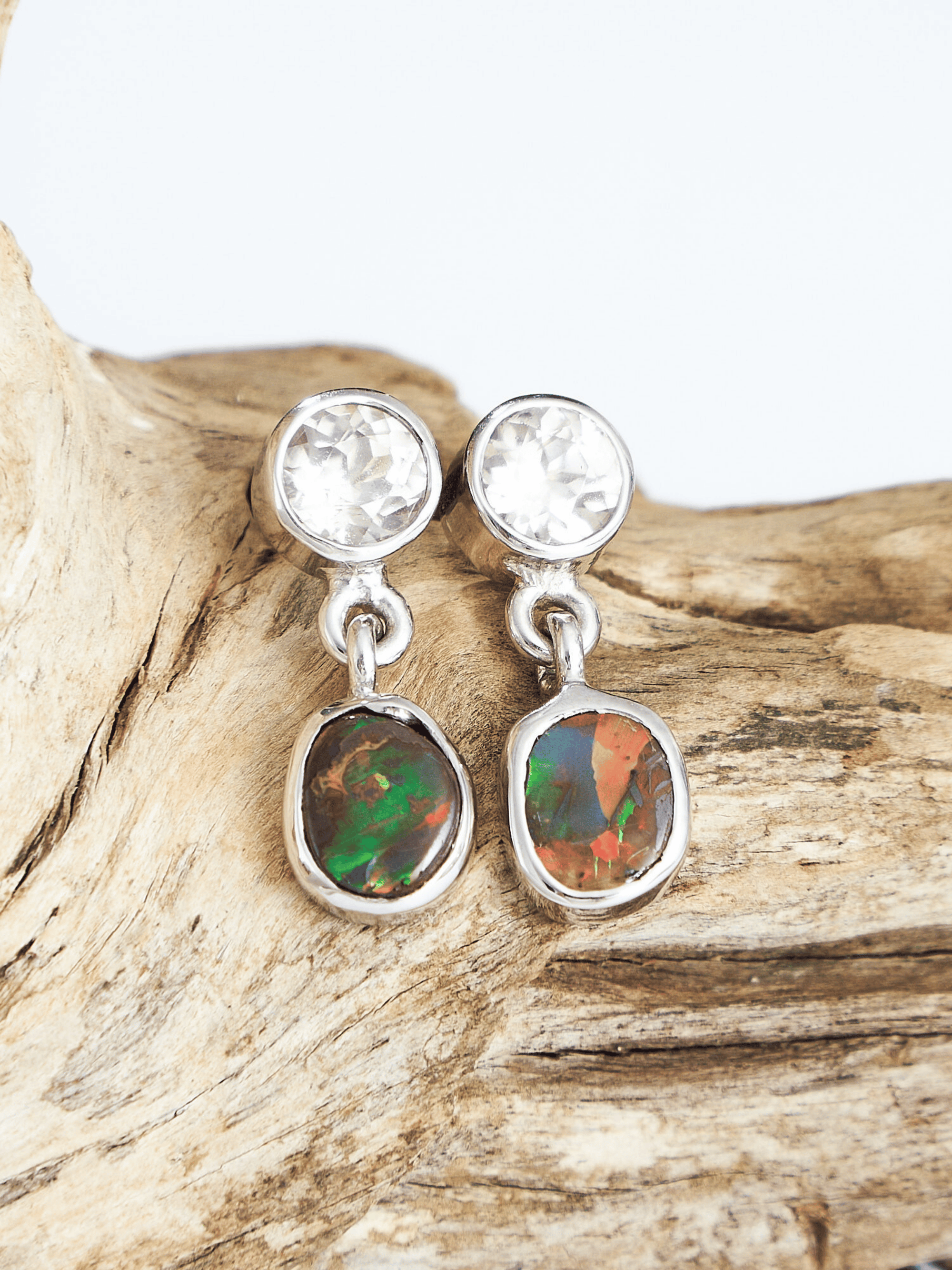 Australian Red Boulder Opal Drop Silver Earrings with Pink Zircons