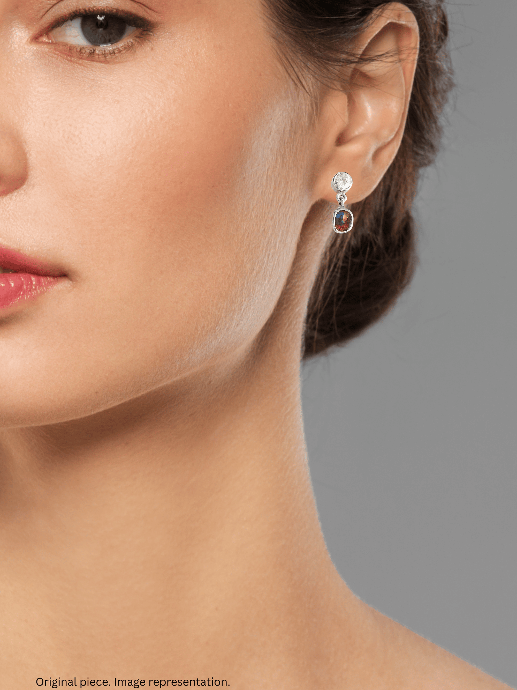Australian Red Boulder Opal Drop Silver Earrings with Pink Zircons on model
