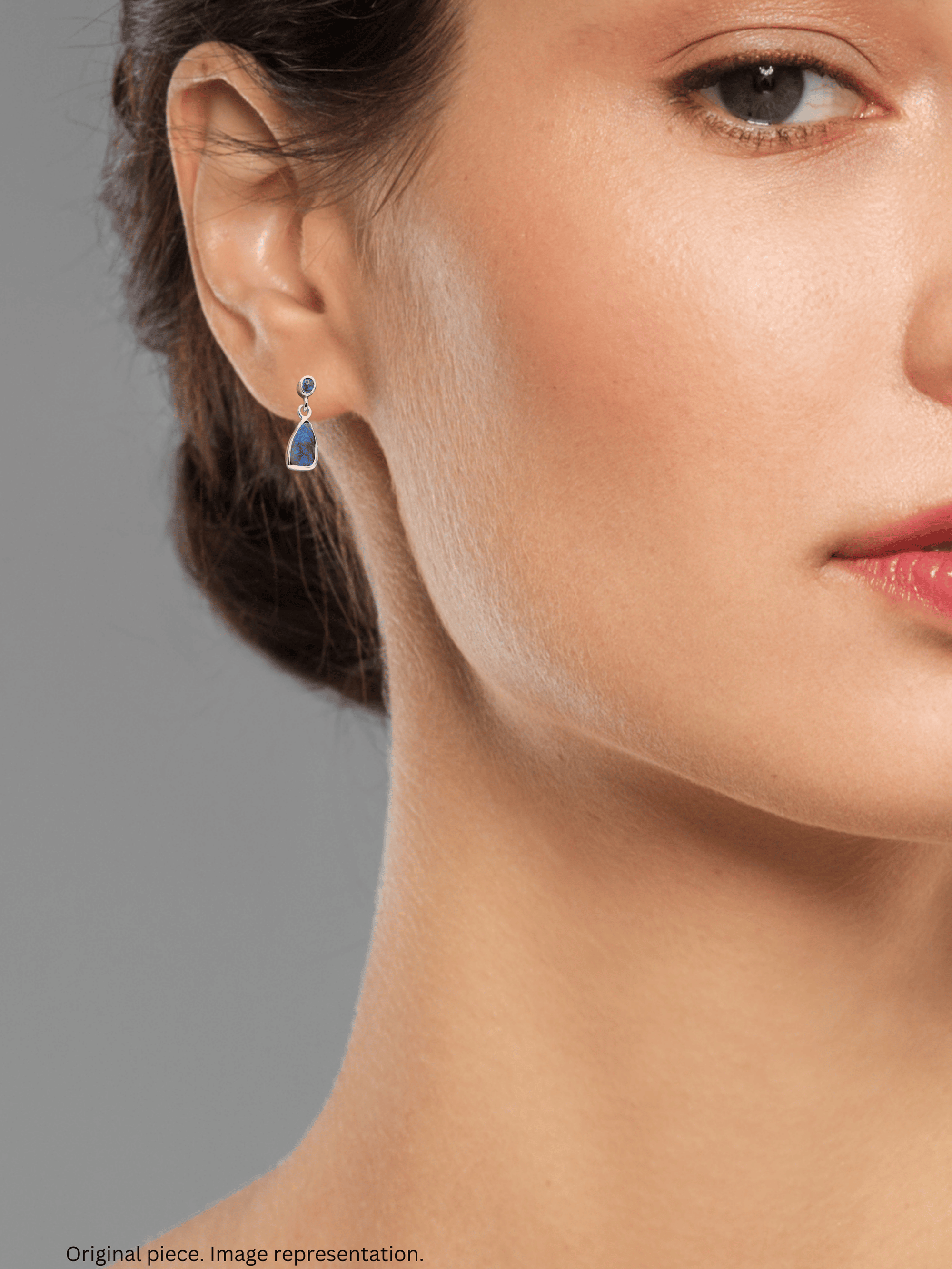 Boulder Opal Drop Earrings with Blue Cabochon Sapphires on model