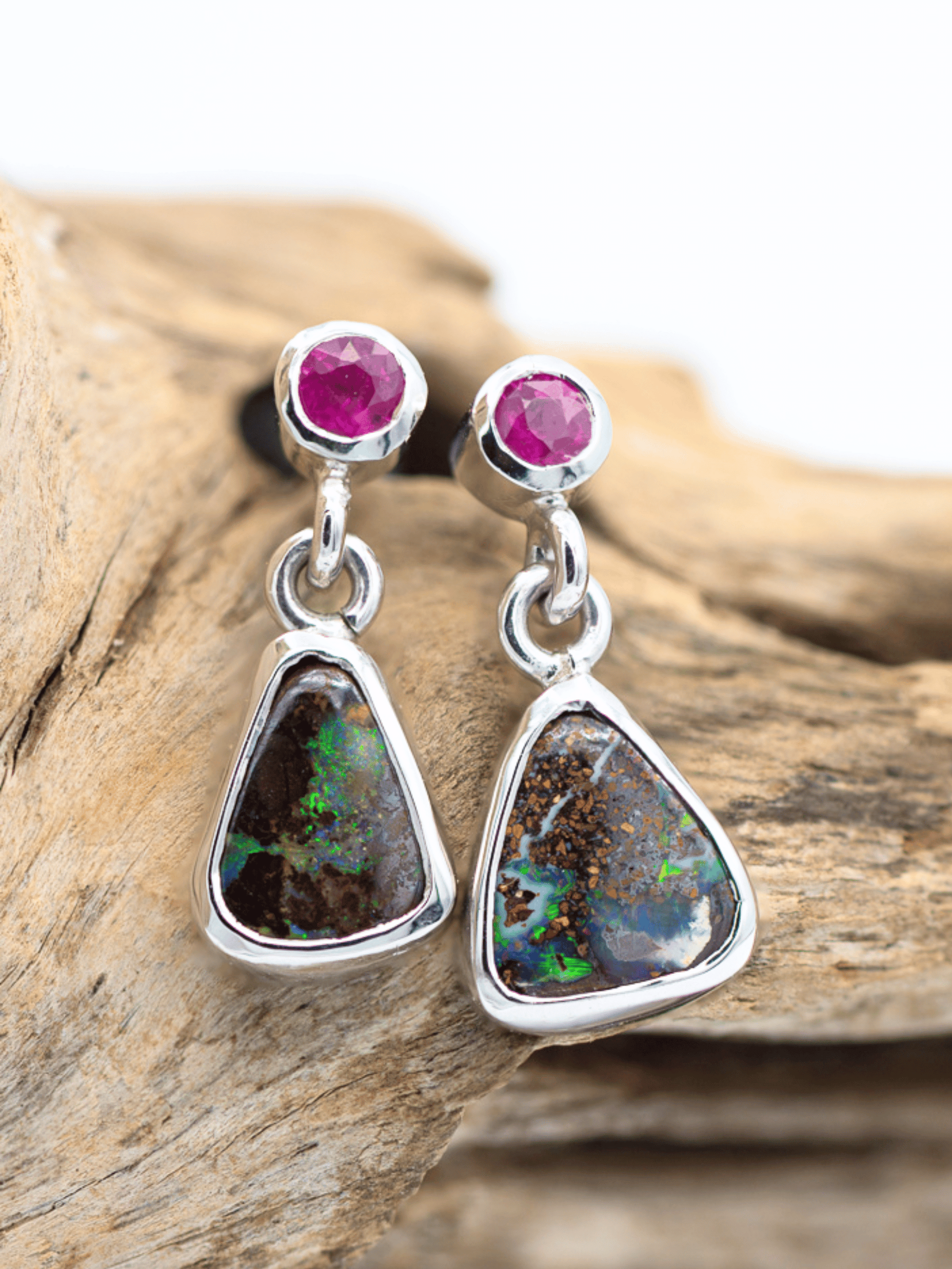 Boulder Opal Drop Silver Earrings with Rubies