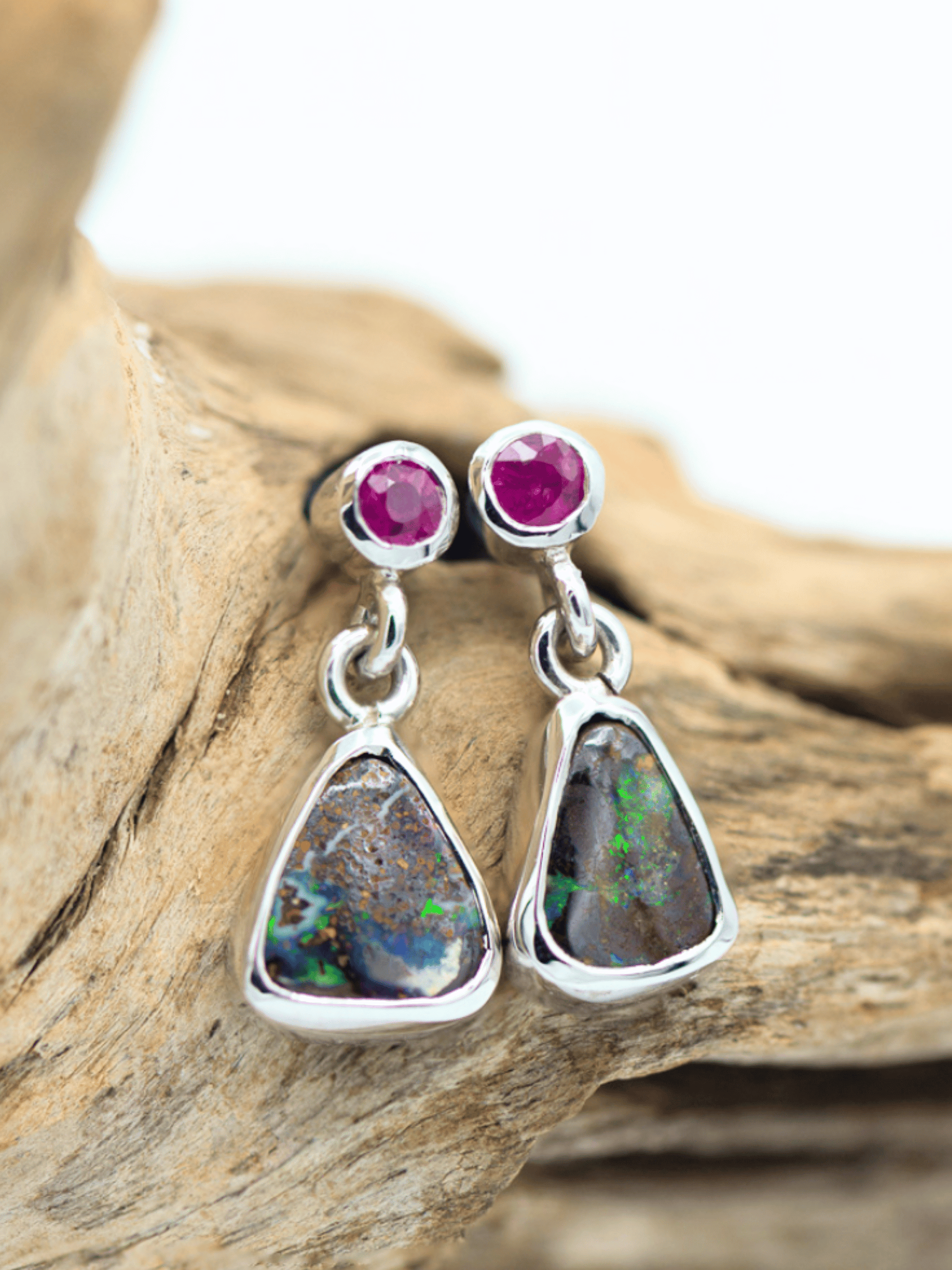 Boulder Opal Drop Silver Earrings with Rubies