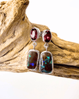 Boulder Opal and Deep Red Garnet Silver Drop Earrings