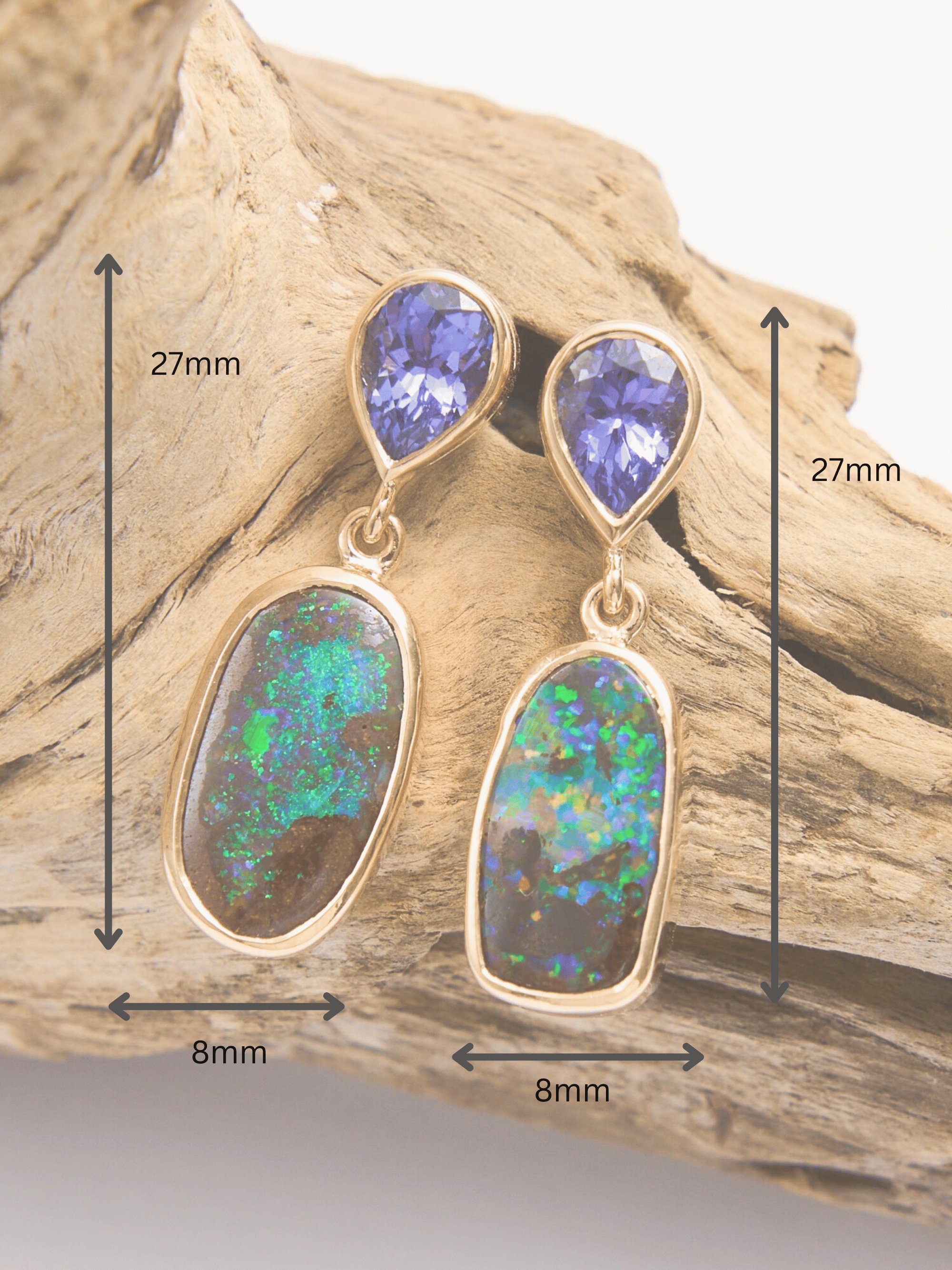 Boulder Opal and Tanzanite 18K Gold Drop Earrings