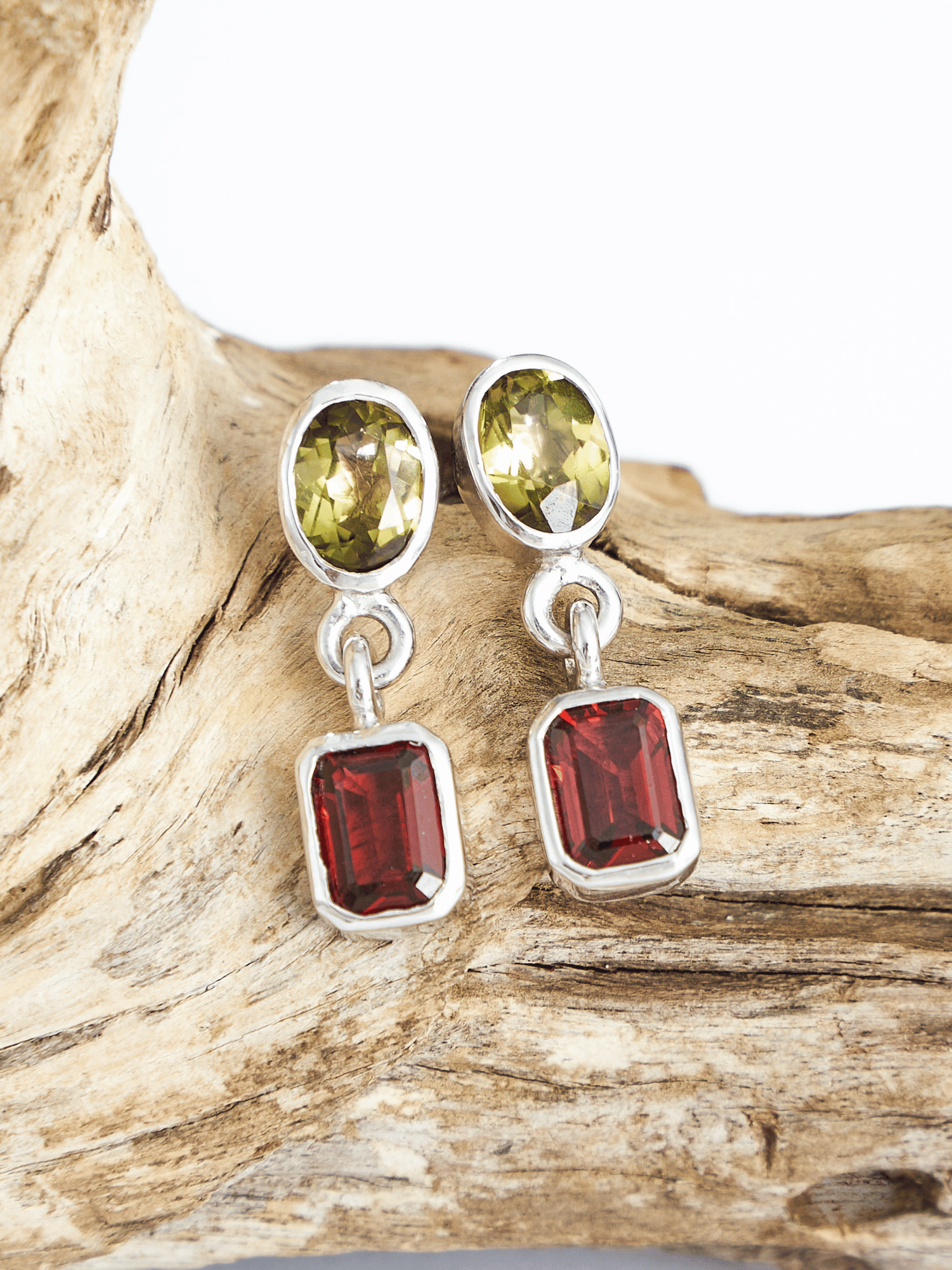 Green Tourmaline and Red Garnet Silver Drop Earrings