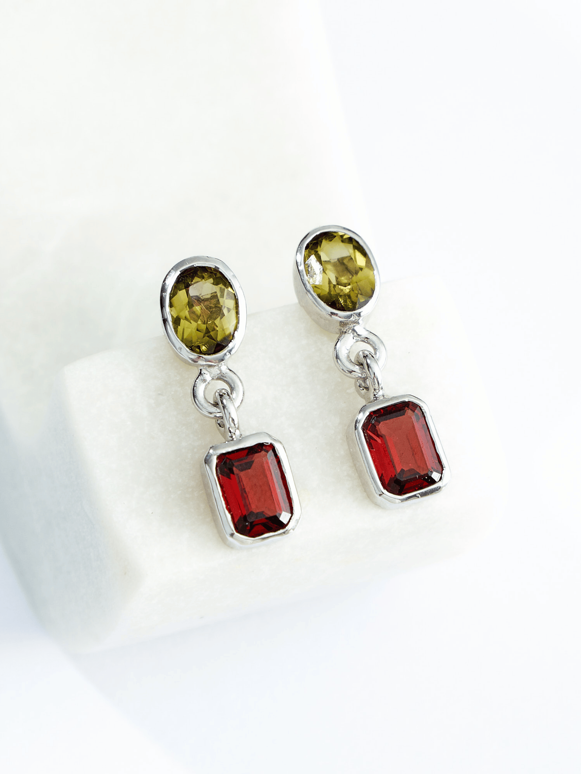 Green Tourmaline and Red Garnet Silver Drop Earrings