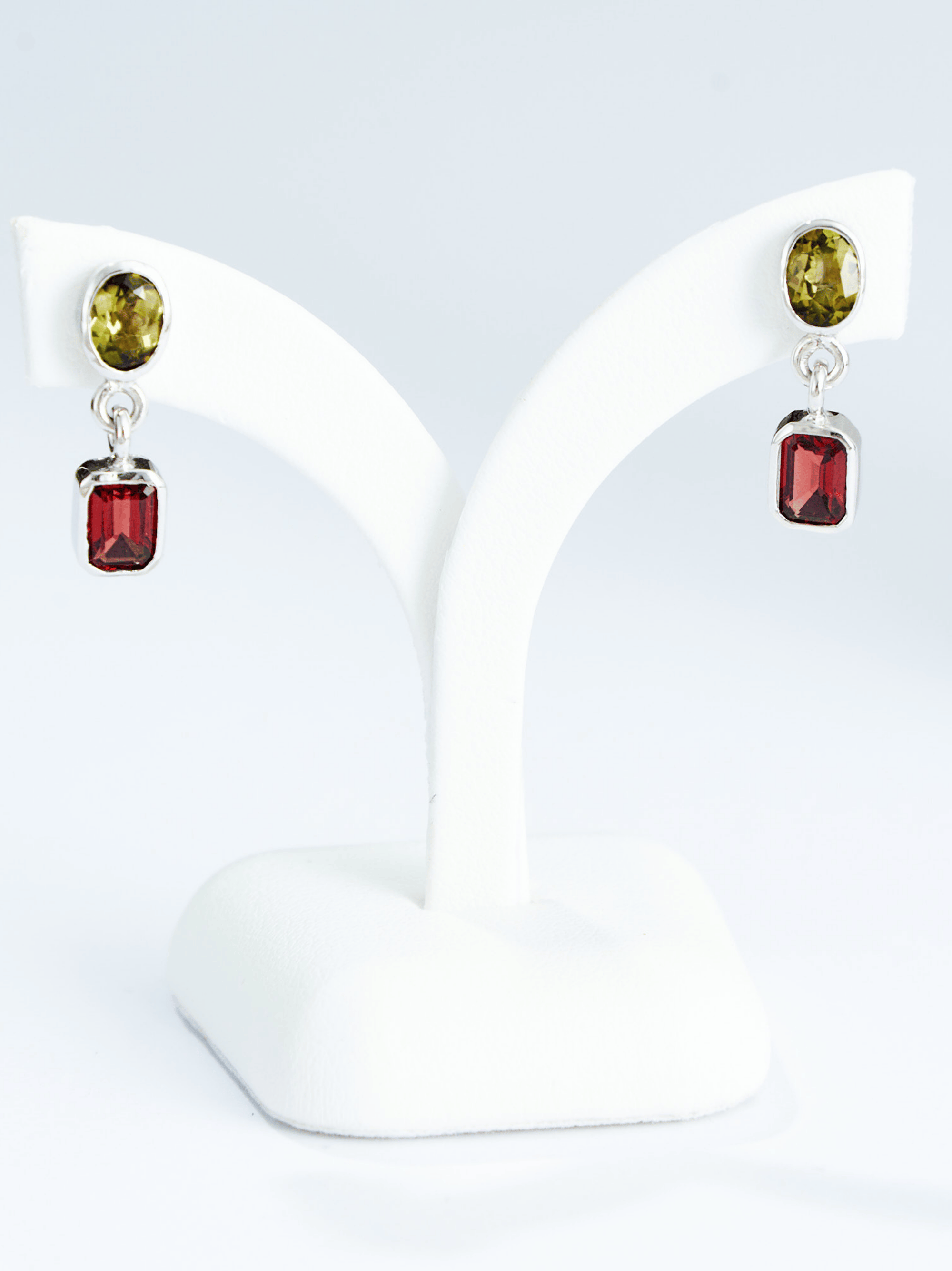 Green Tourmaline and Red Garnet Silver Drop Earrings