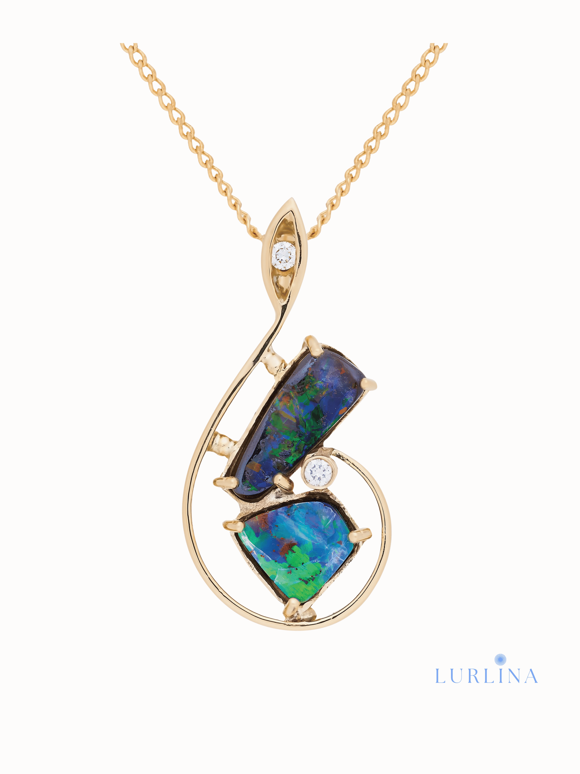 Harlequin Australian Boulder Opal Gold Music Diamond Pendant