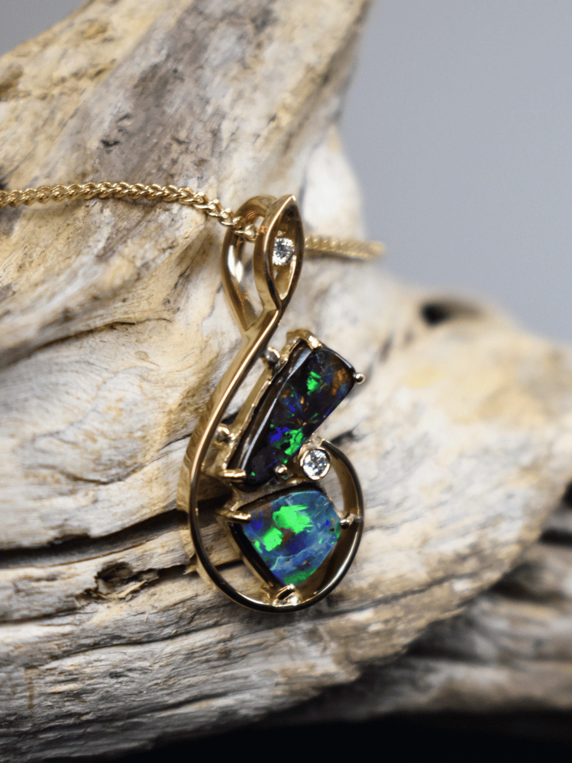 Harlequin Australian Boulder Opal Yellow Gold 18k Music Diamond Pendant