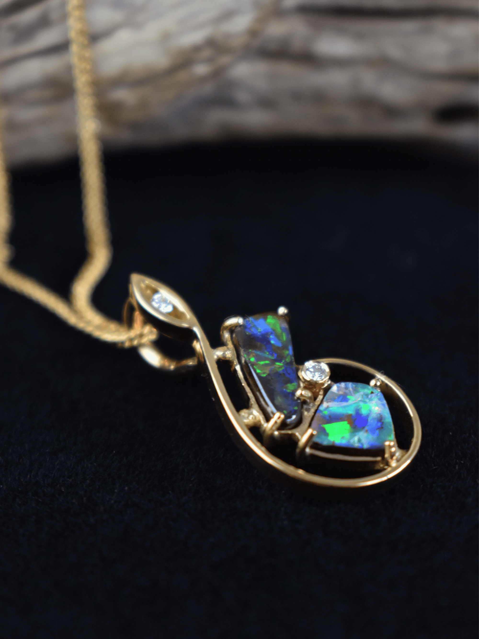 Harlequin Australian Boulder Opal Gold Music Diamond Pendant