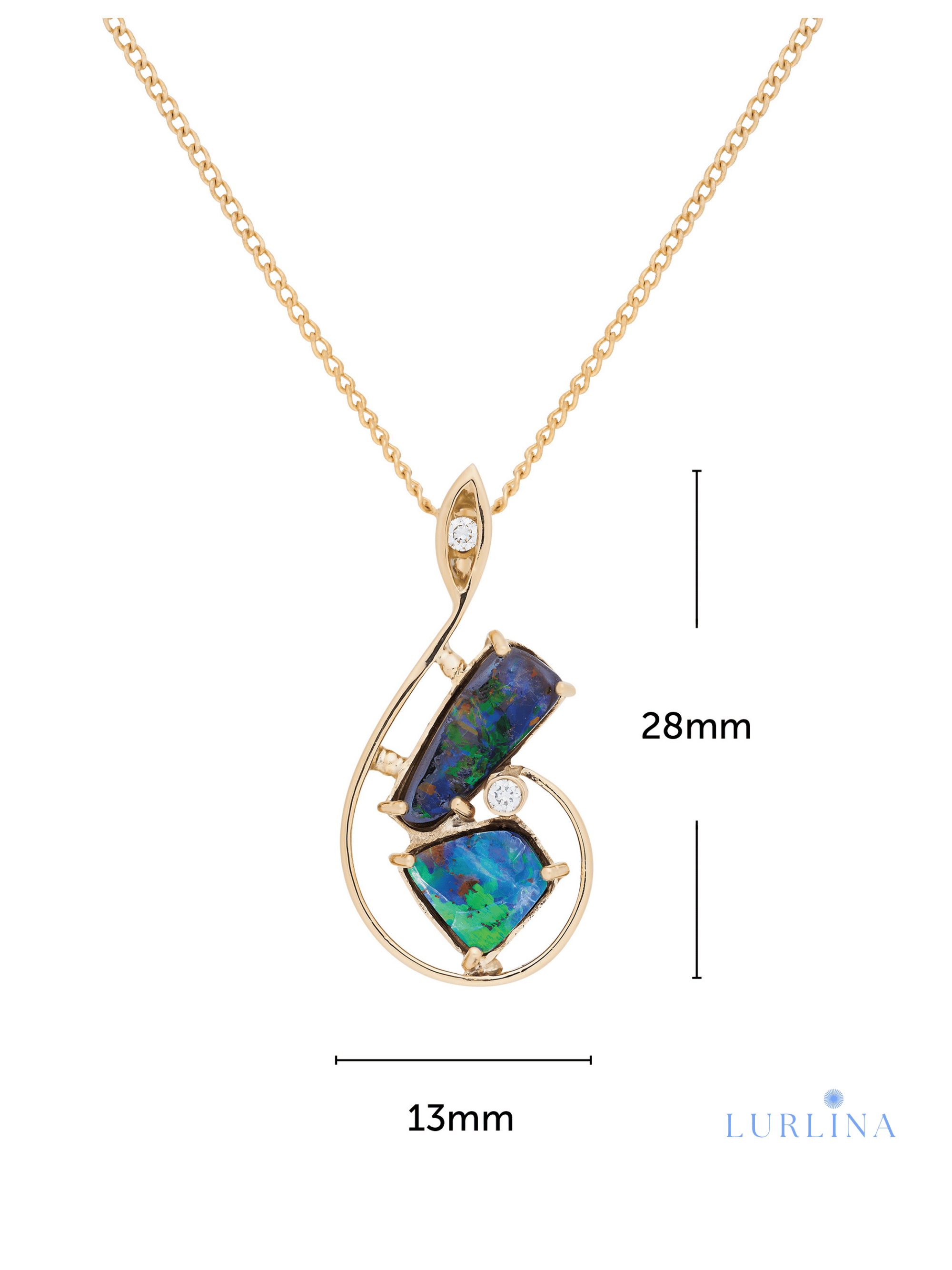 Harlequin Australian Boulder Opal Gold Music Diamond Pendant measurements