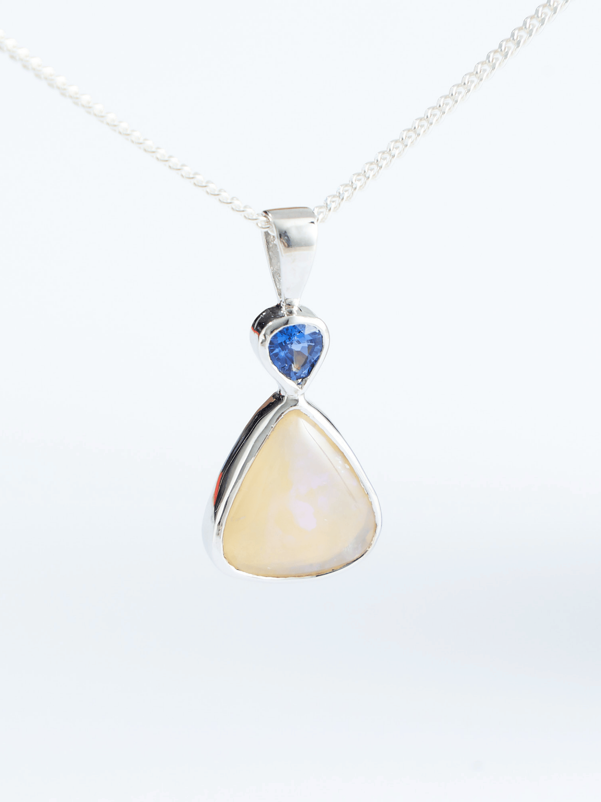 Lightening Ridge Opal with Blue Sapphire Silver Pendant on chain