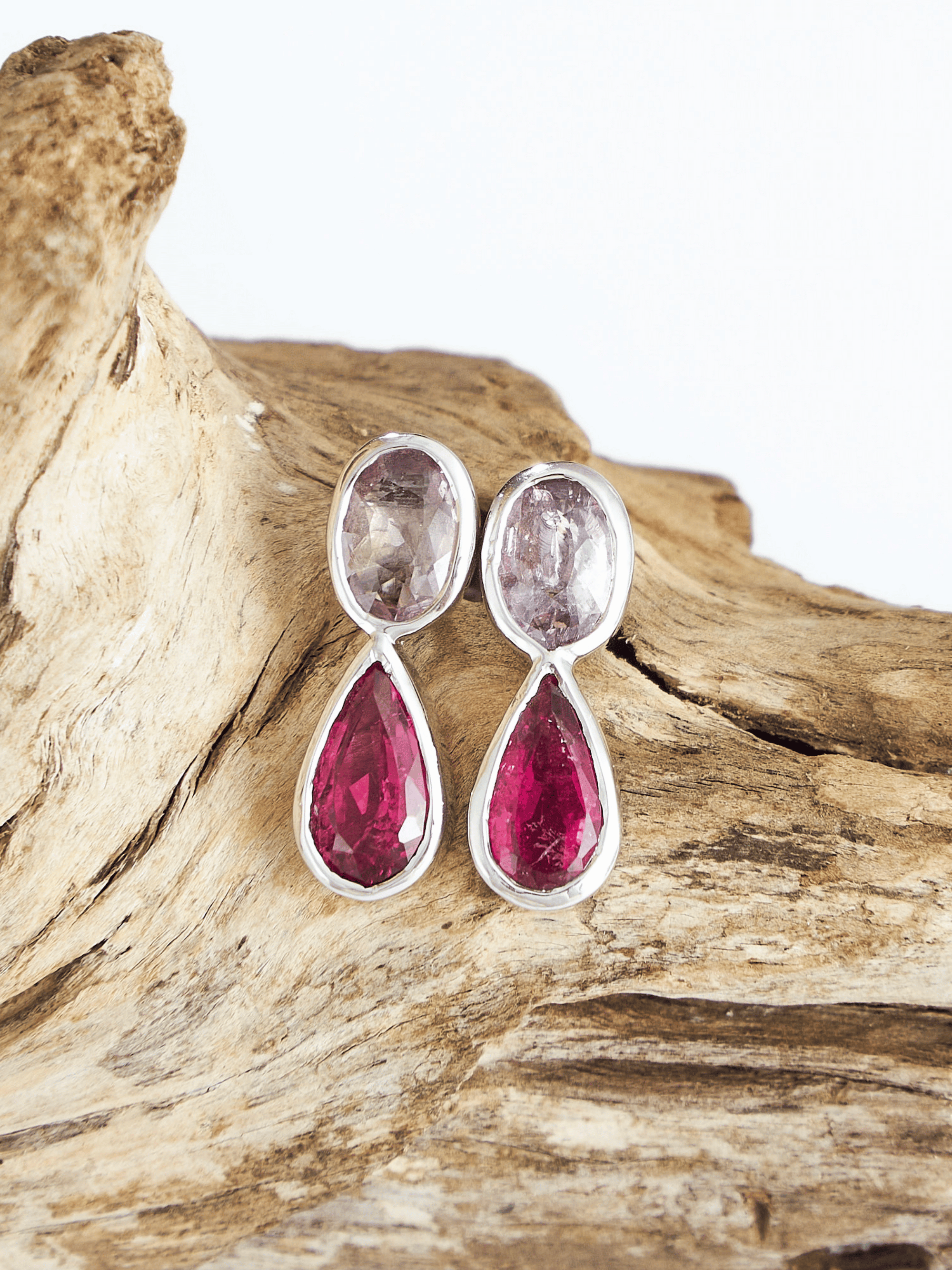 Pink Spinel and Tourmaline Silver Drop Earrings