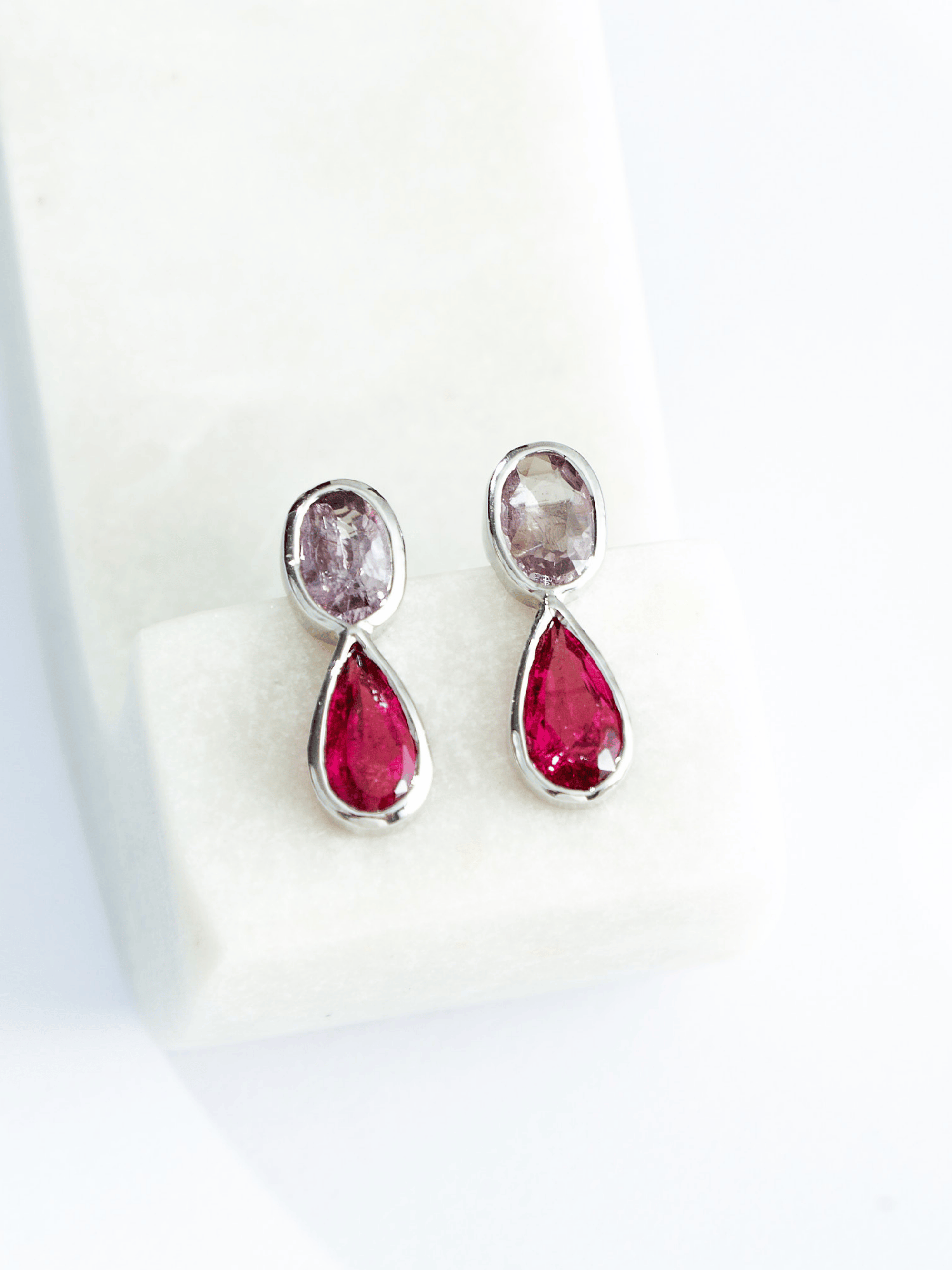 Pink Spinel and Tourmaline Silver Drop Earrings