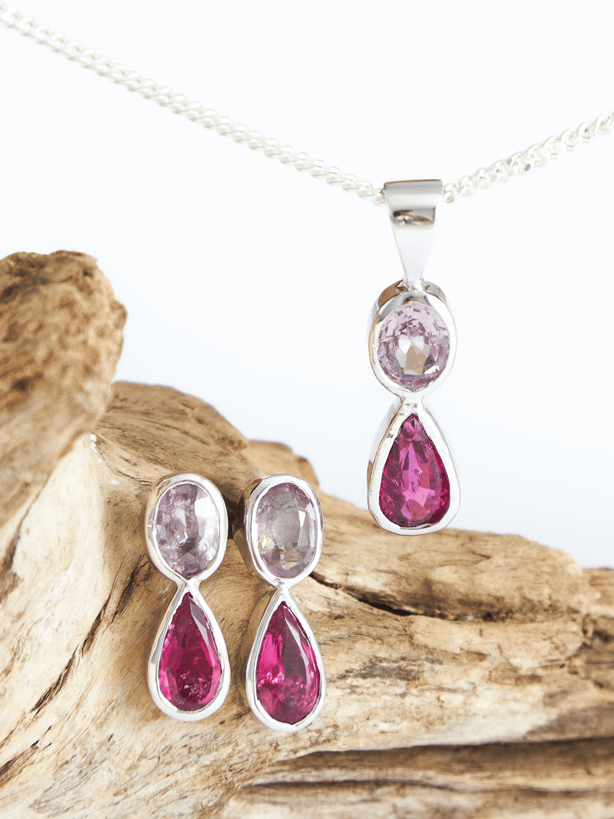 Pink Spinel and Tourmaline silver Earrings and Pendant set
