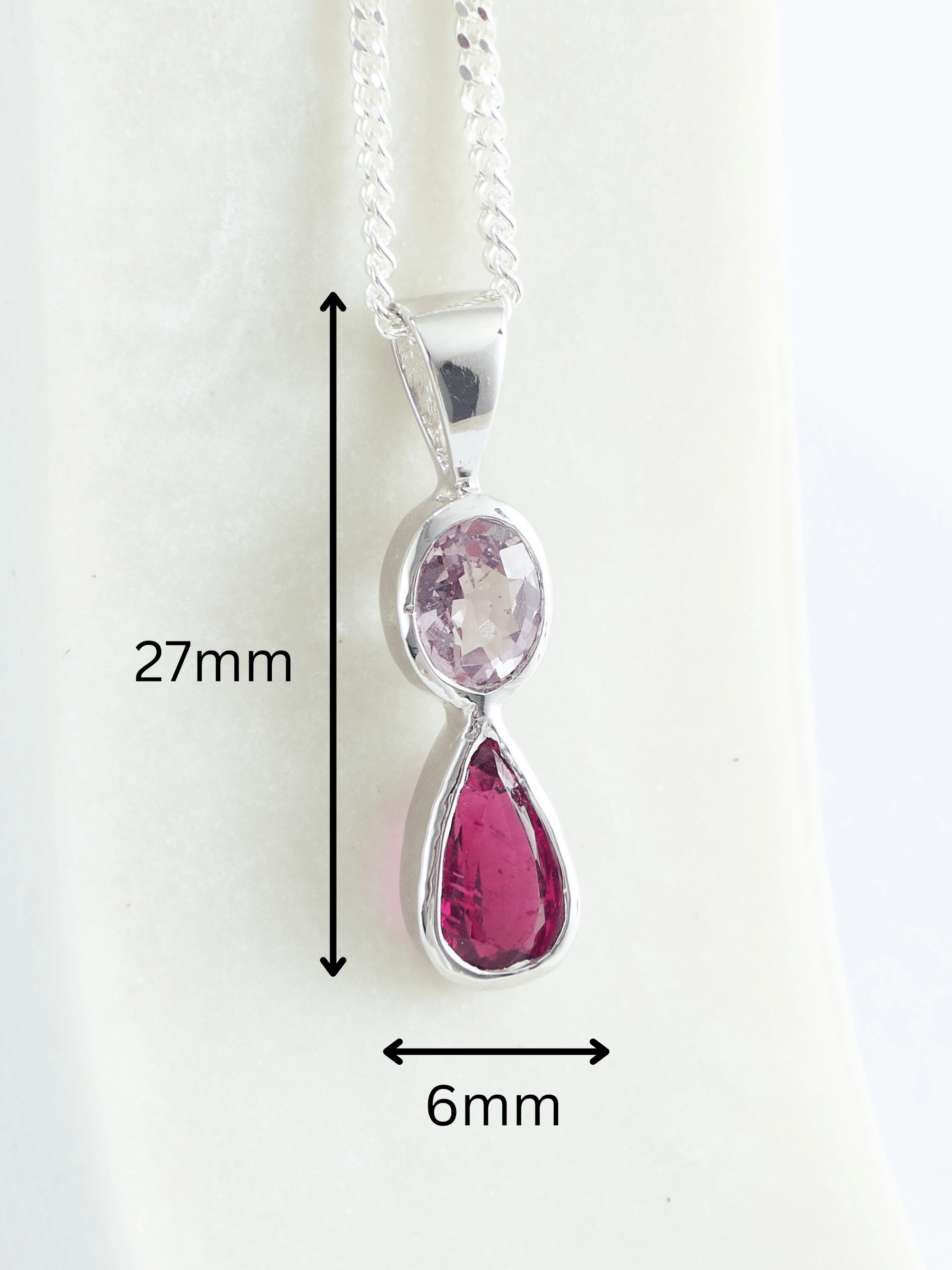 Pink Spinel and Tourmaline Silver Pendant measurements