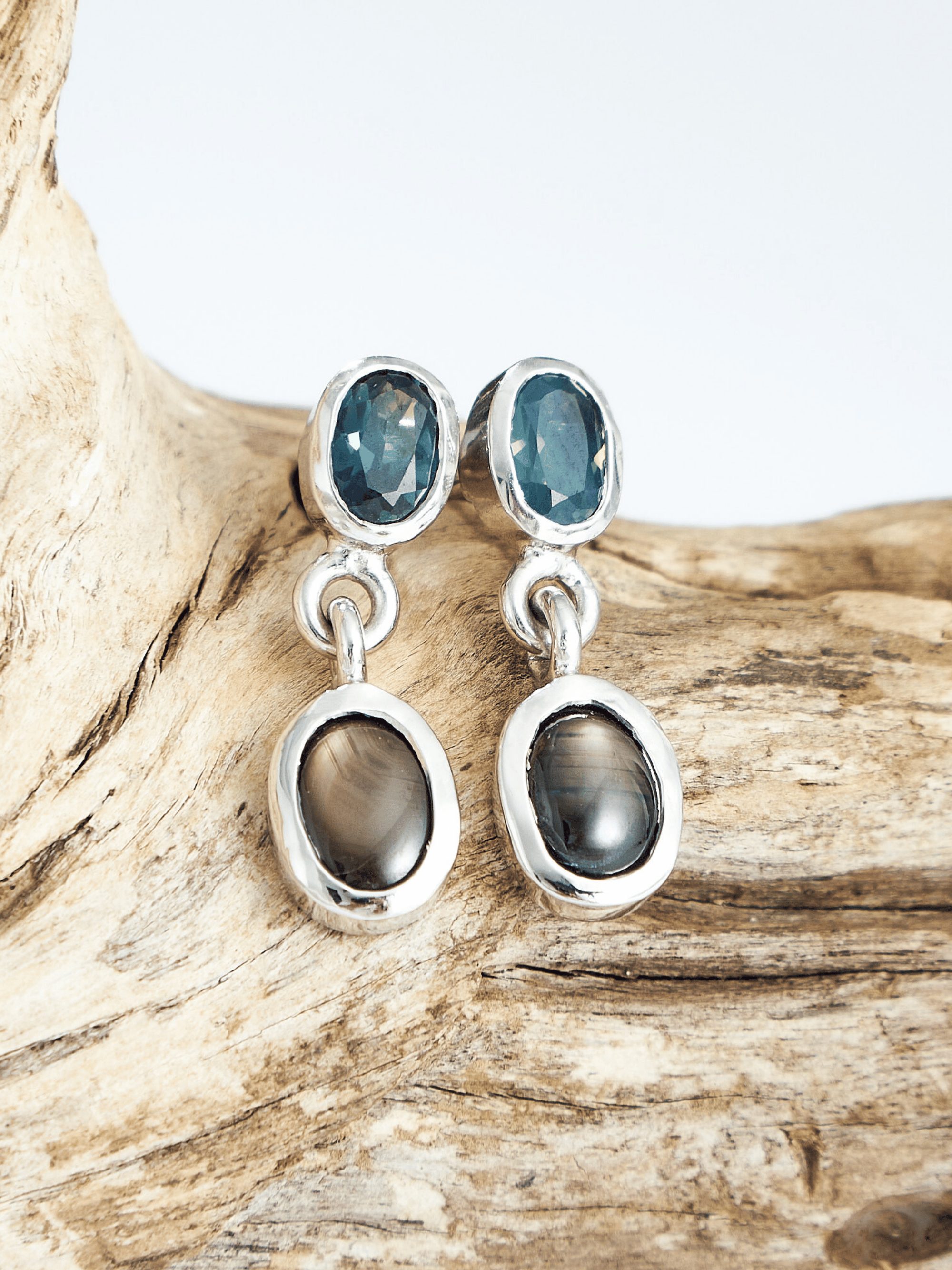 Teal Sapphire with Star Sapphire Silver Drop Earrings