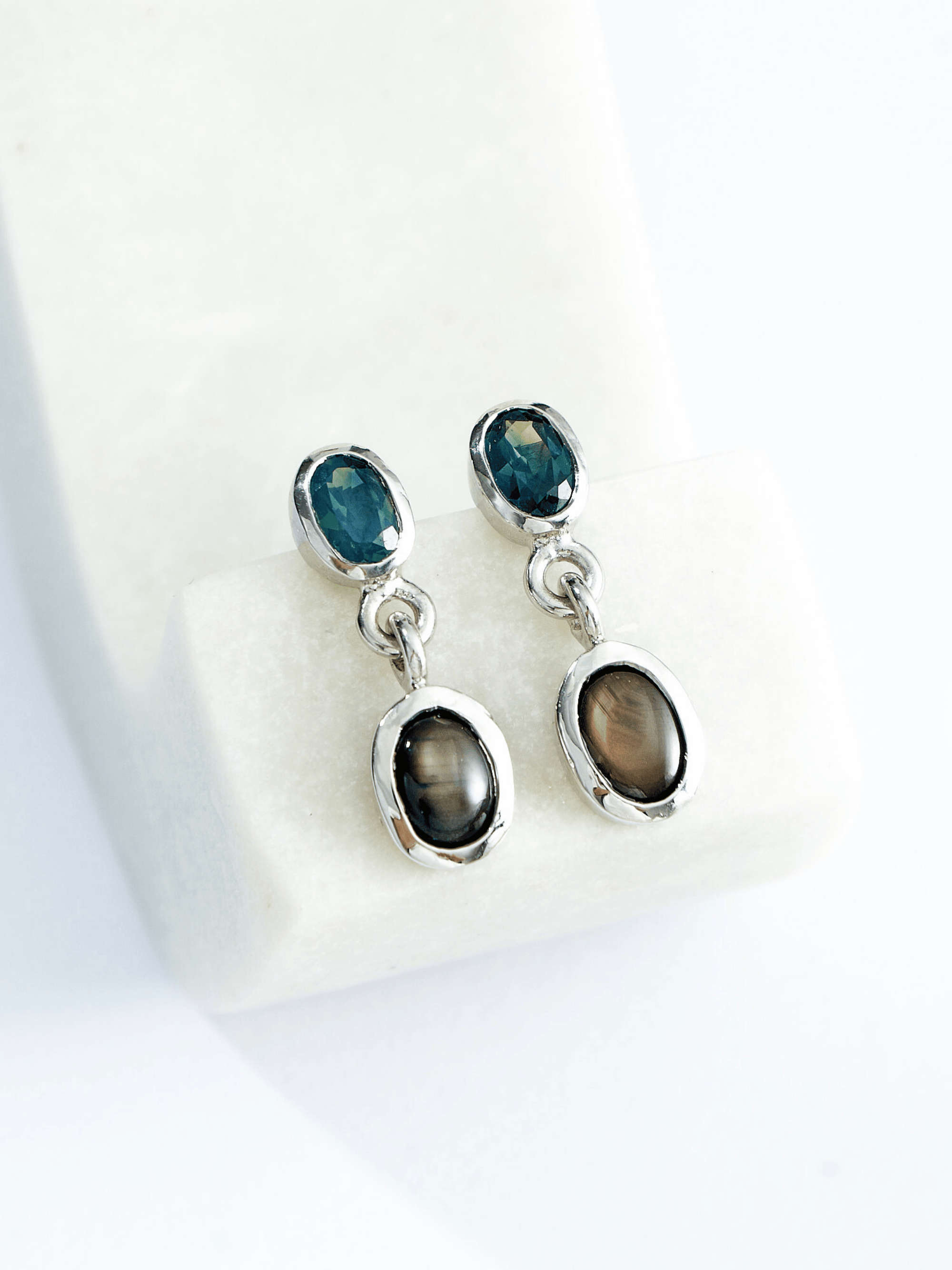 Teal Sapphire with Star Sapphire Silver Drop Earrings