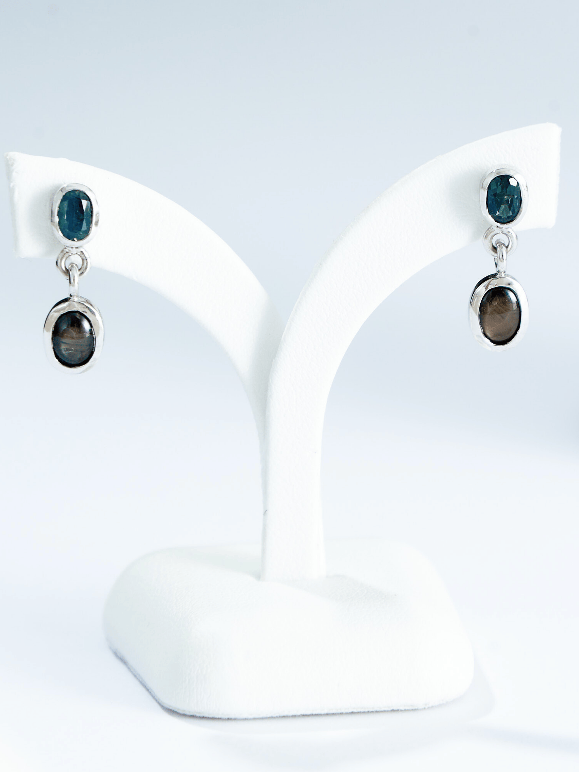 Teal Sapphire with Star Sapphire Silver Drop Earrings