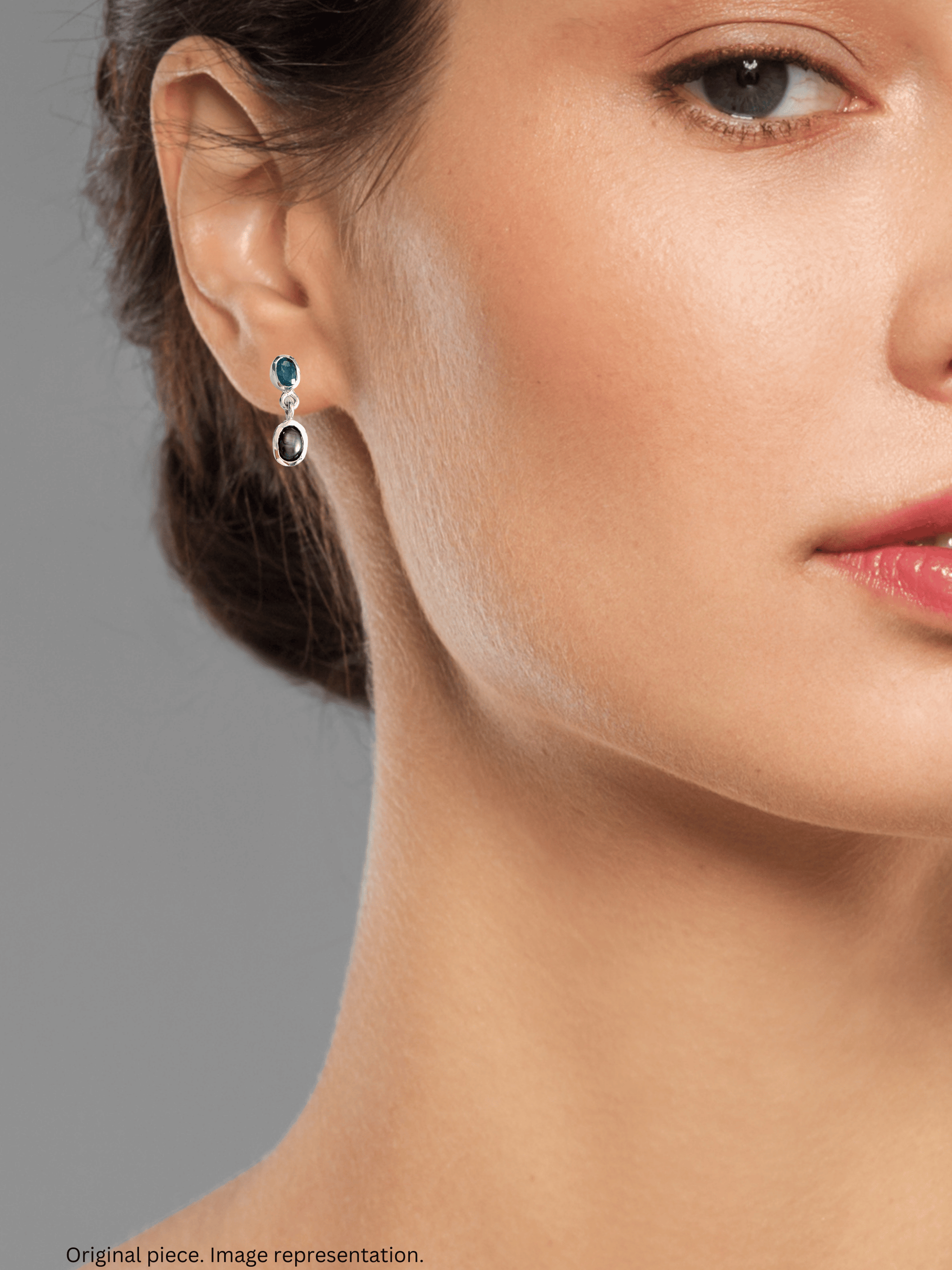 Teal Sapphire with Star Sapphire Silver Drop Earrings on model