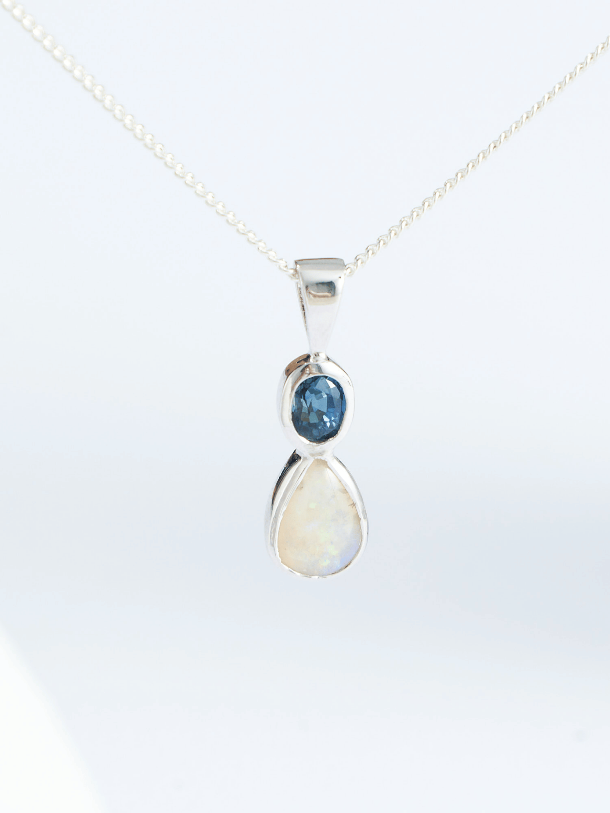 White Opal with Teal Queensland Sapphire Silver Pendant on chain
