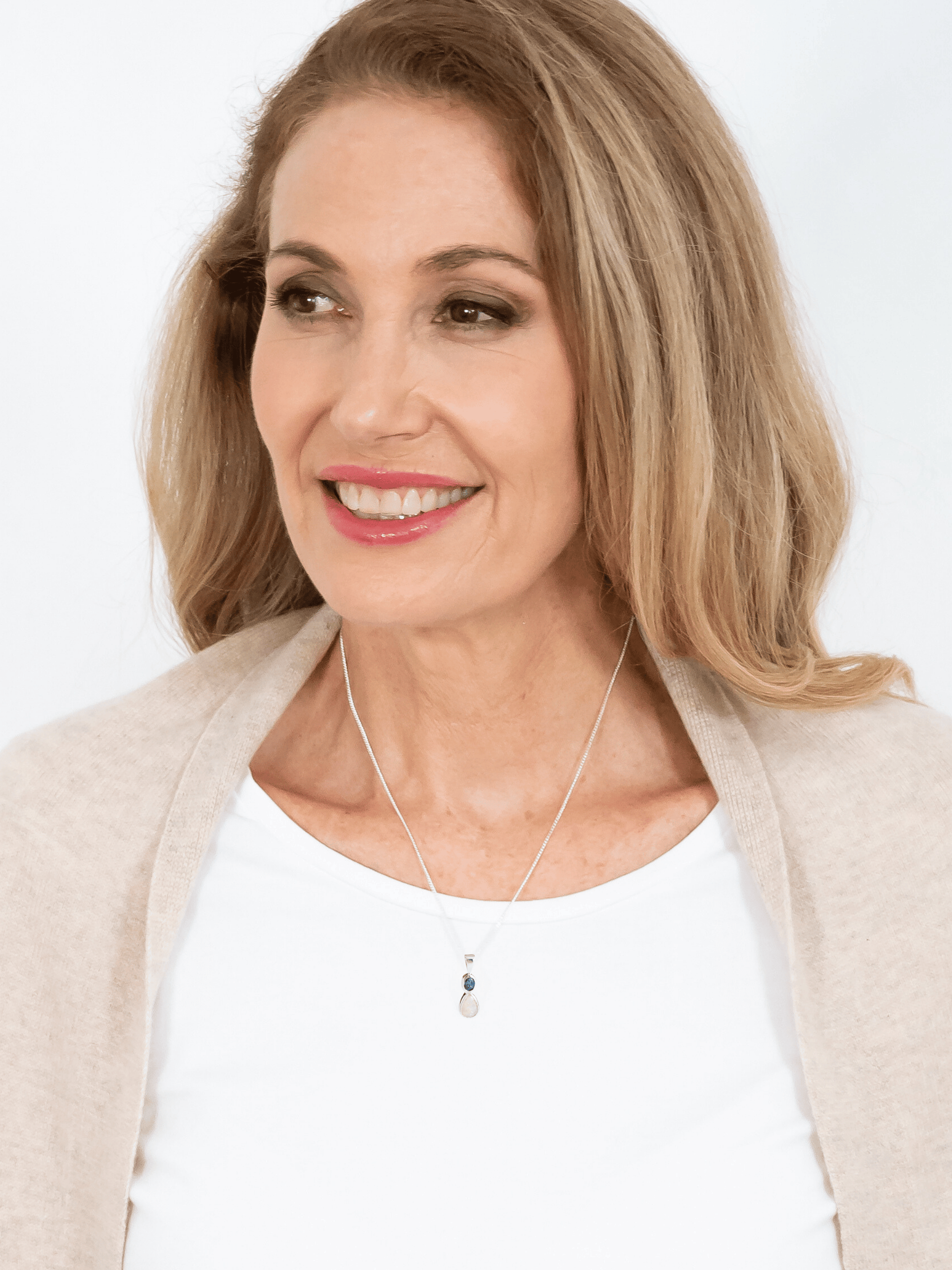 White Opal with Teal Queensland Sapphire Silver Pendant on model