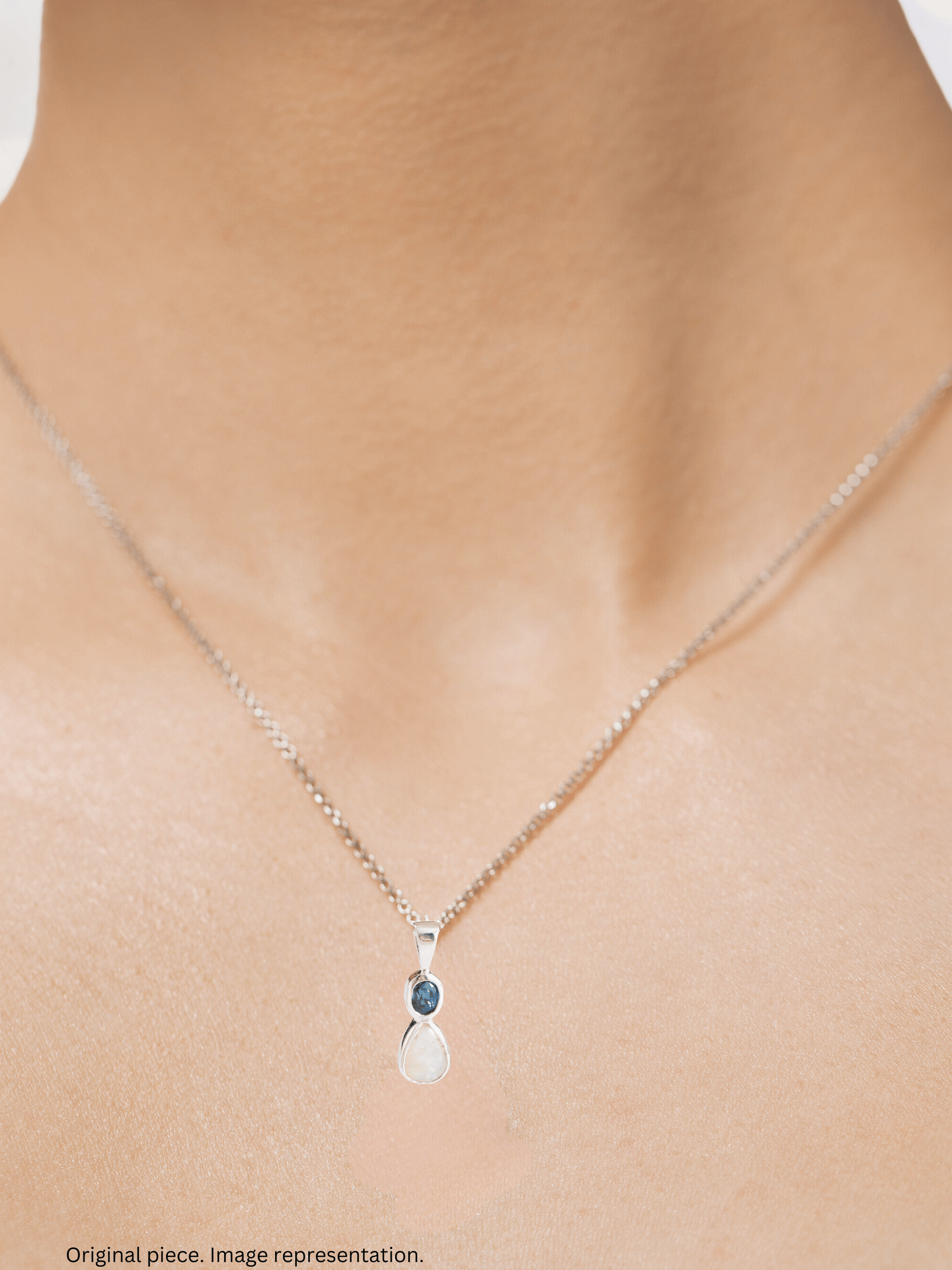 White Opal with Teal Queensland Sapphire Silver Pendant on model