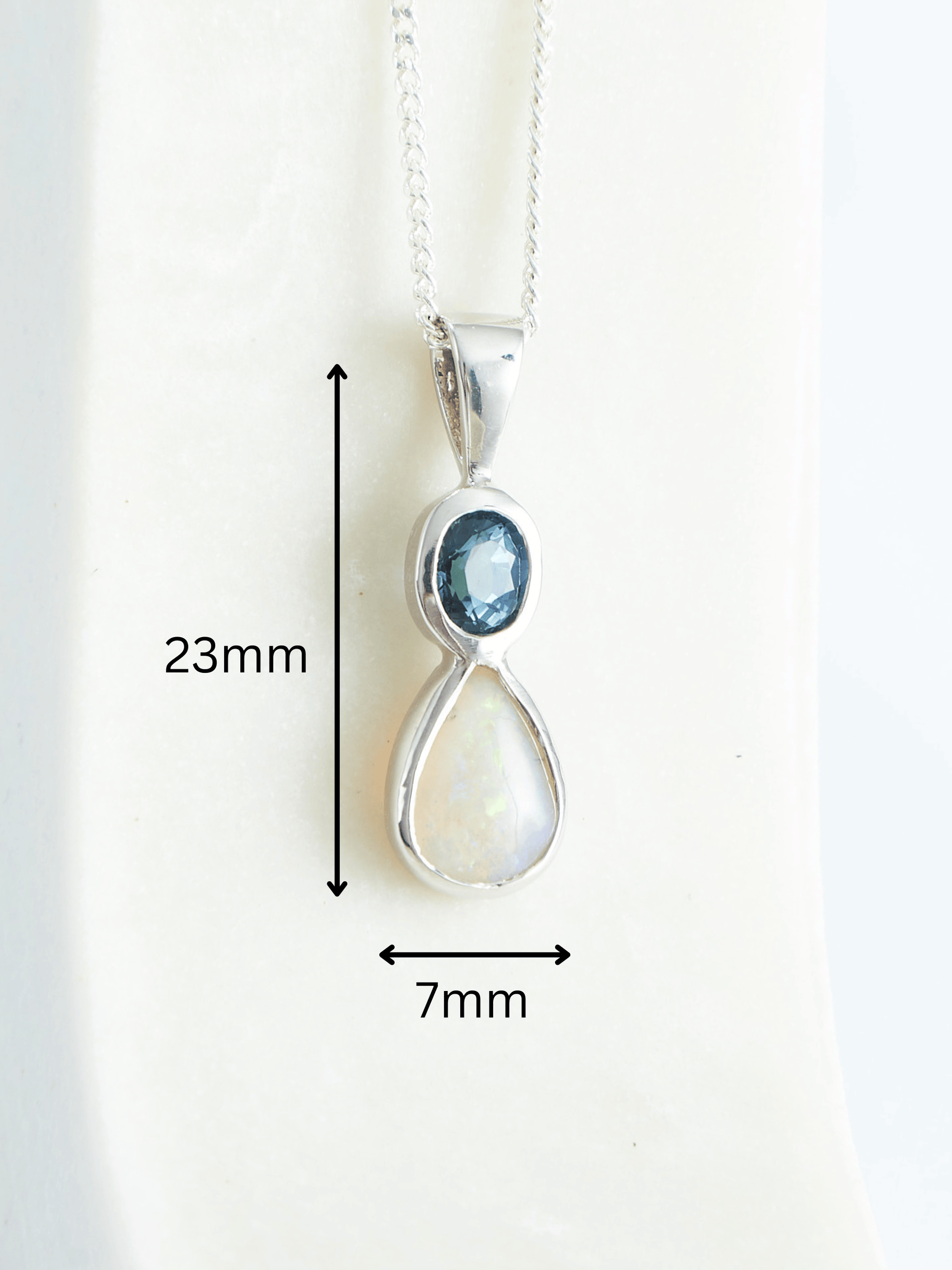 White Opal with Teal Queensland Sapphire Silver Pendant measurements