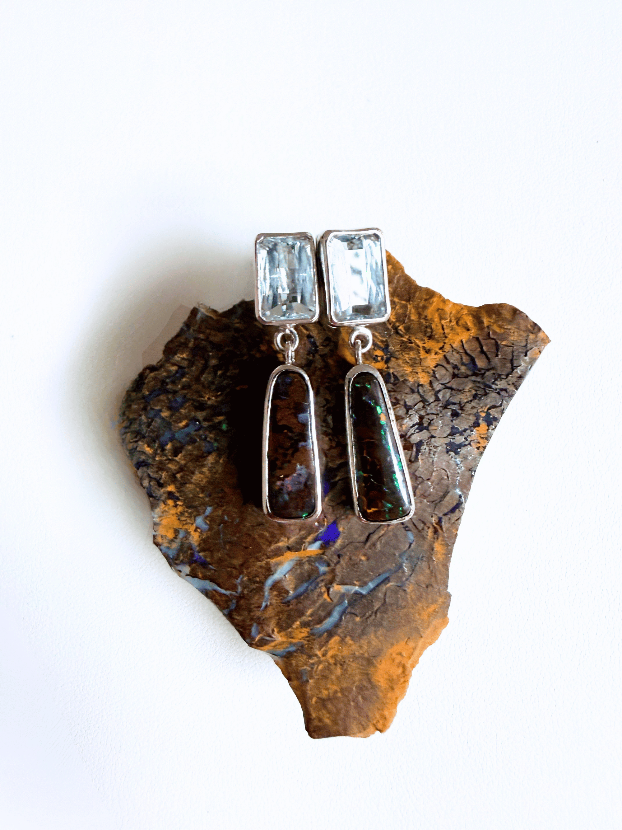 Boulder Opal and Aquamarine Double Drop Silver Earrings