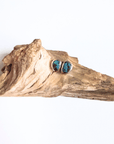 A pair of silver stud earrings with oval turquoise-blue stones, displayed on a piece of natural driftwood against a plain white background.