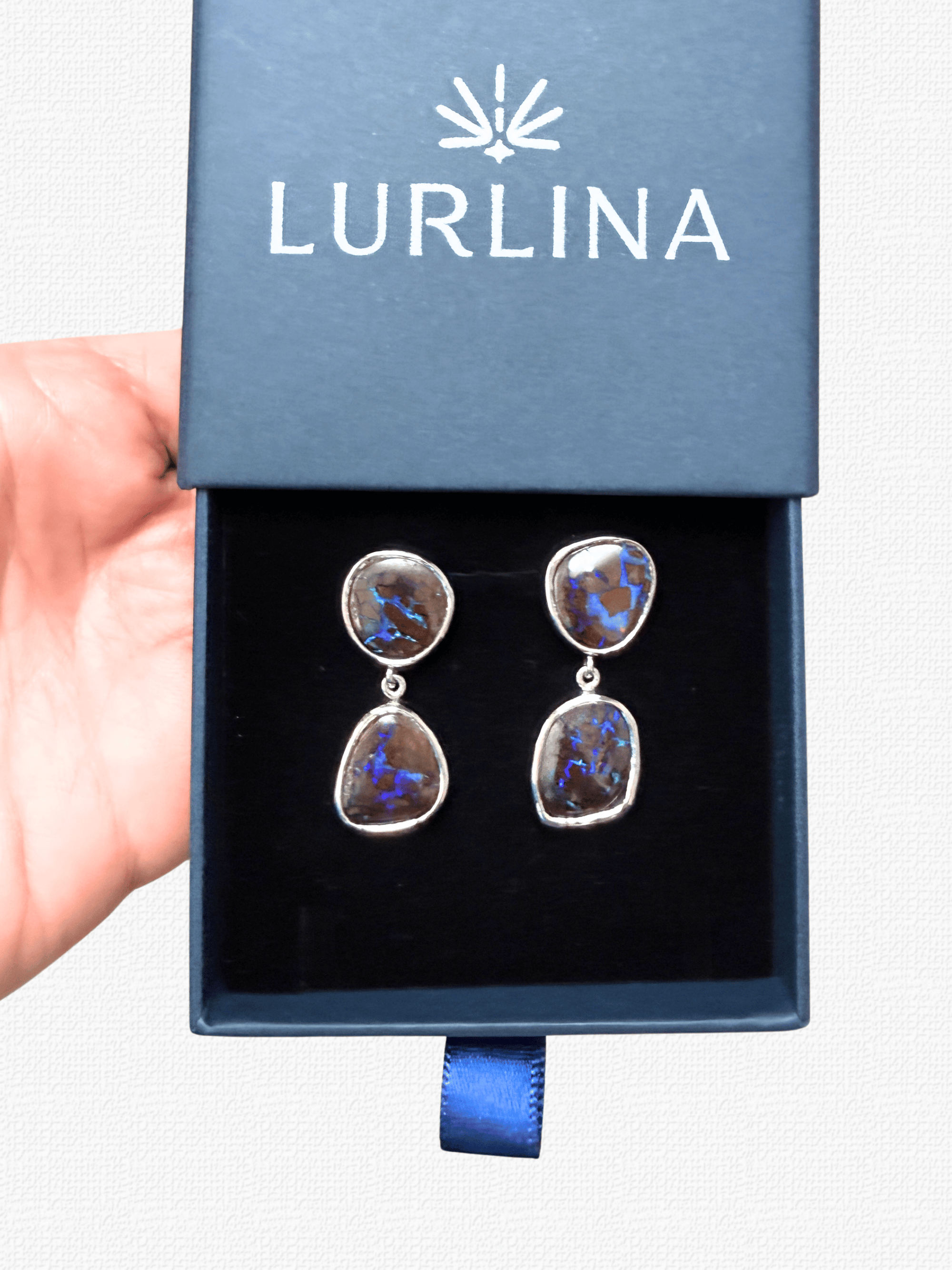 Boulder Opal Blue Double Drop Silver Earrings