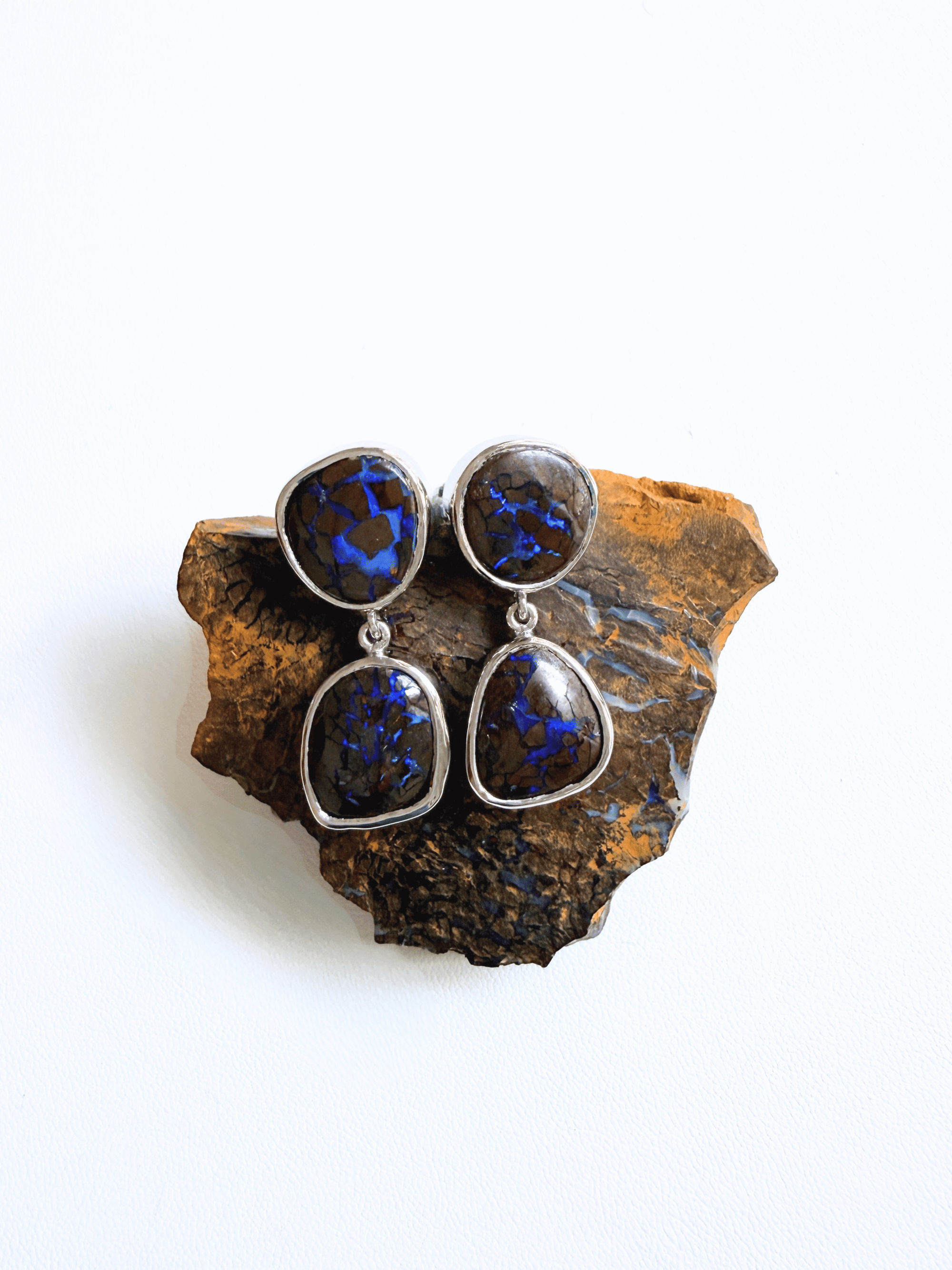 Boulder Opal Blue Double Drop Silver Earrings