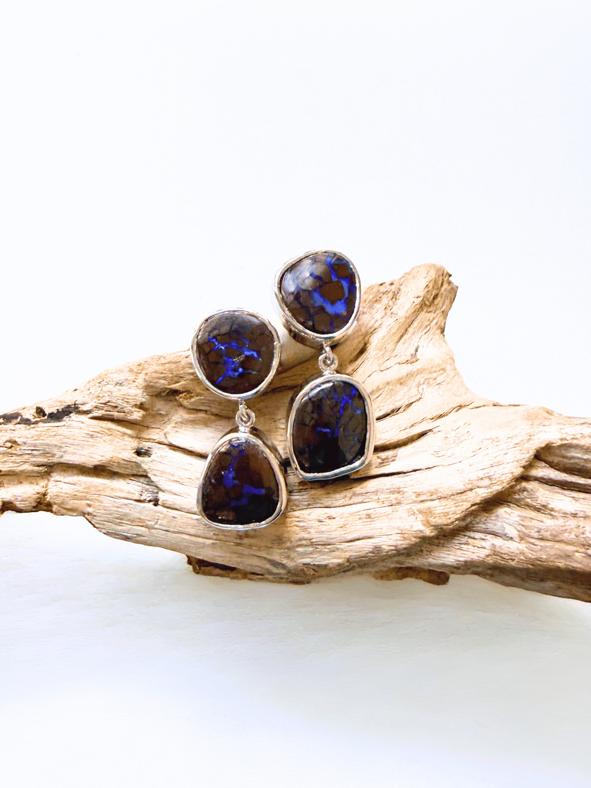 Boulder Opal Blue Double Drop Silver Earrings