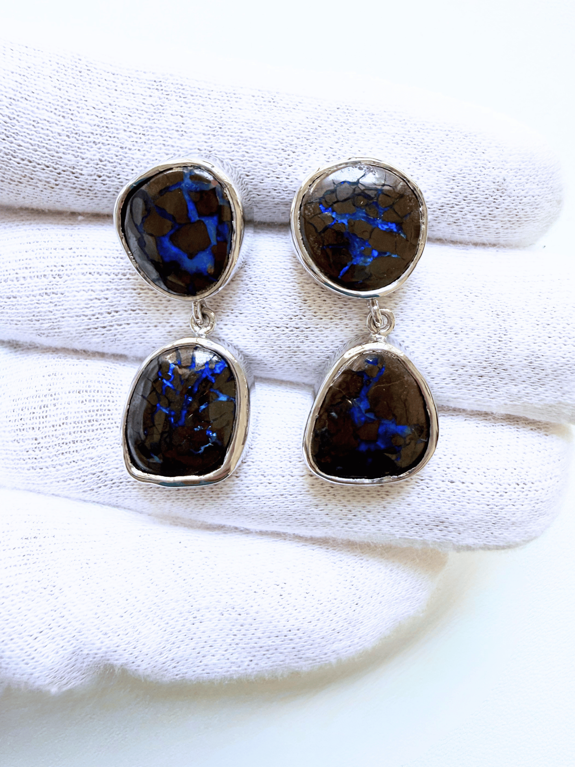 Boulder Opal Blue Double Drop Silver Earrings