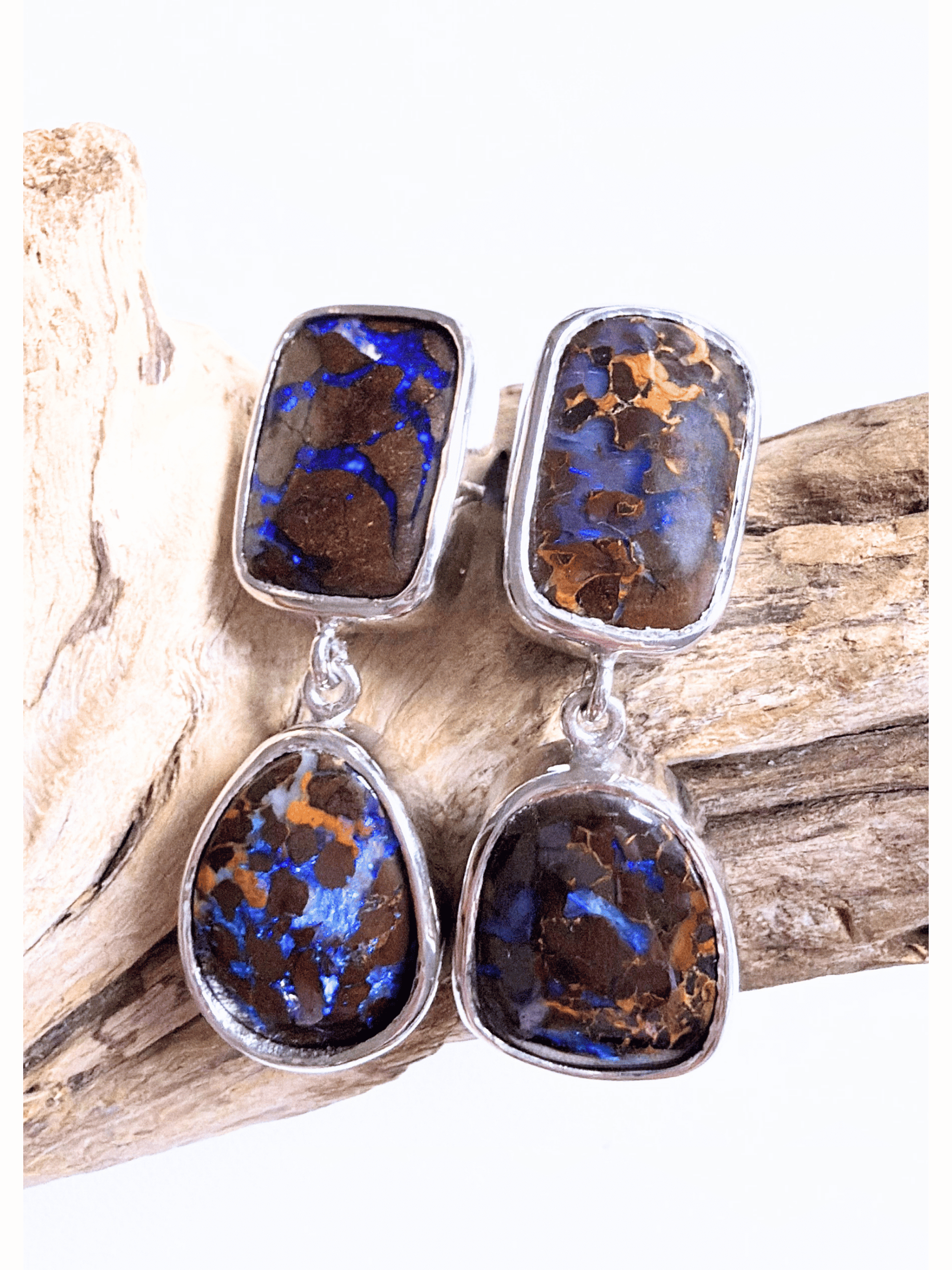 Boulder Opal Double Drop Silver Earrings