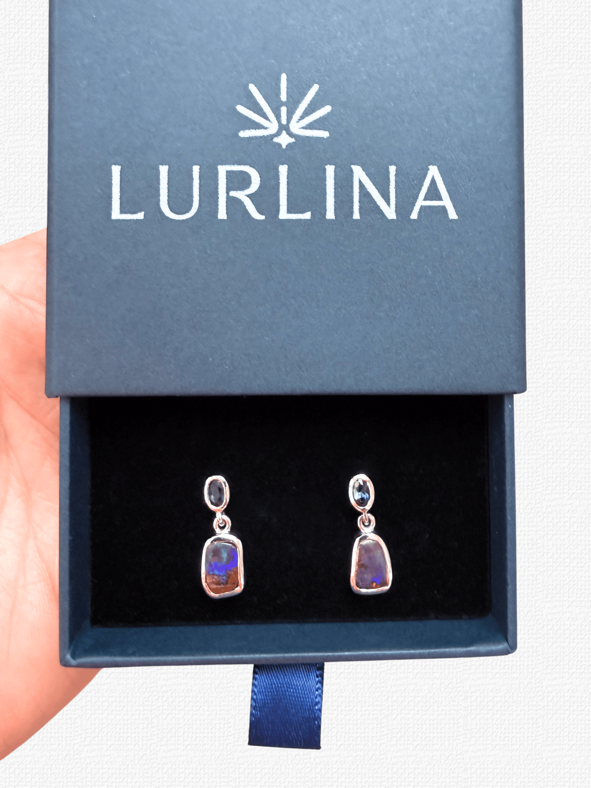 Boulder Opal and Blue Australian Sapphire Silver Drop Earrings