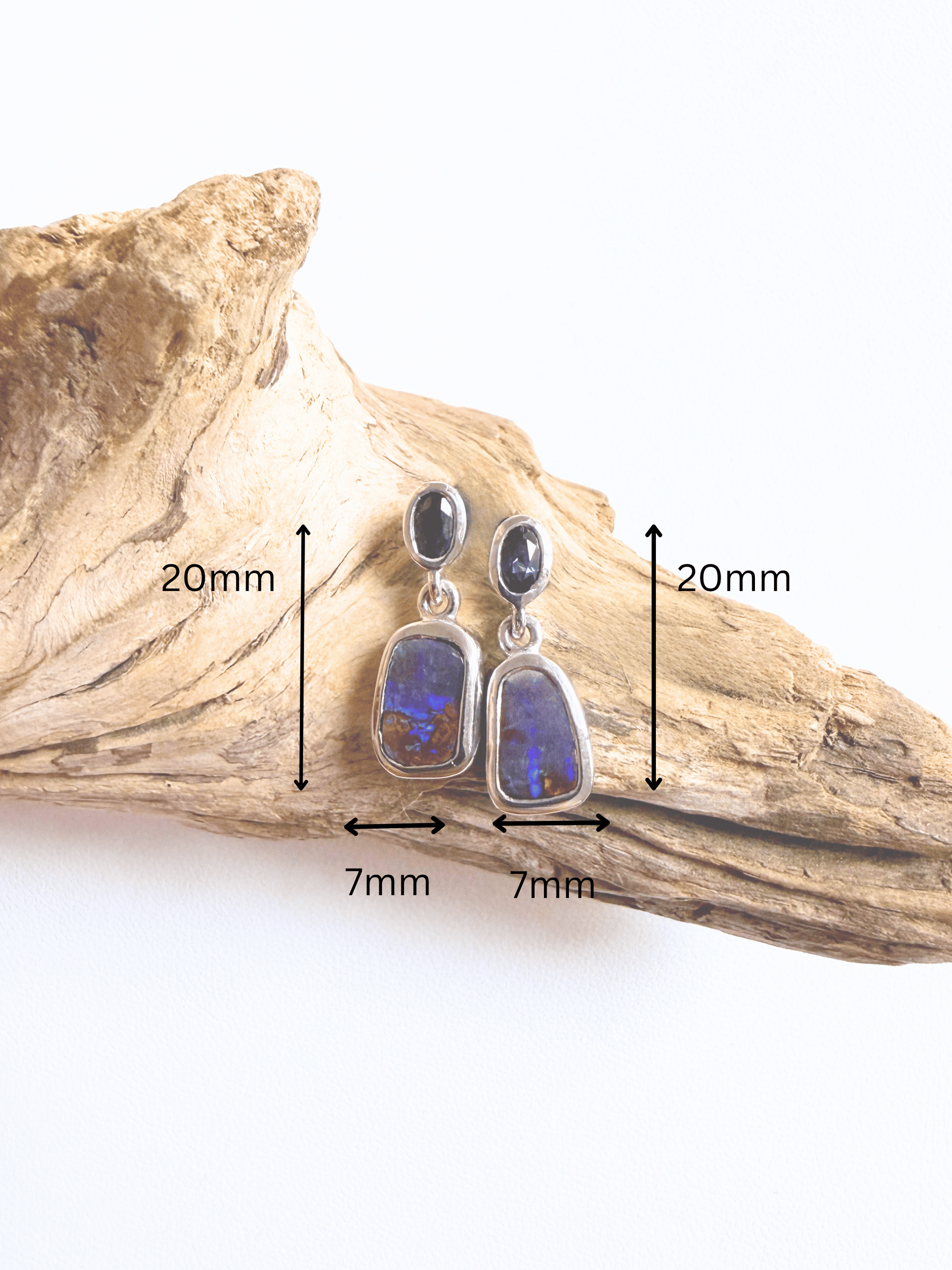 Boulder Opal and Blue Australian Sapphire Silver Drop Earrings