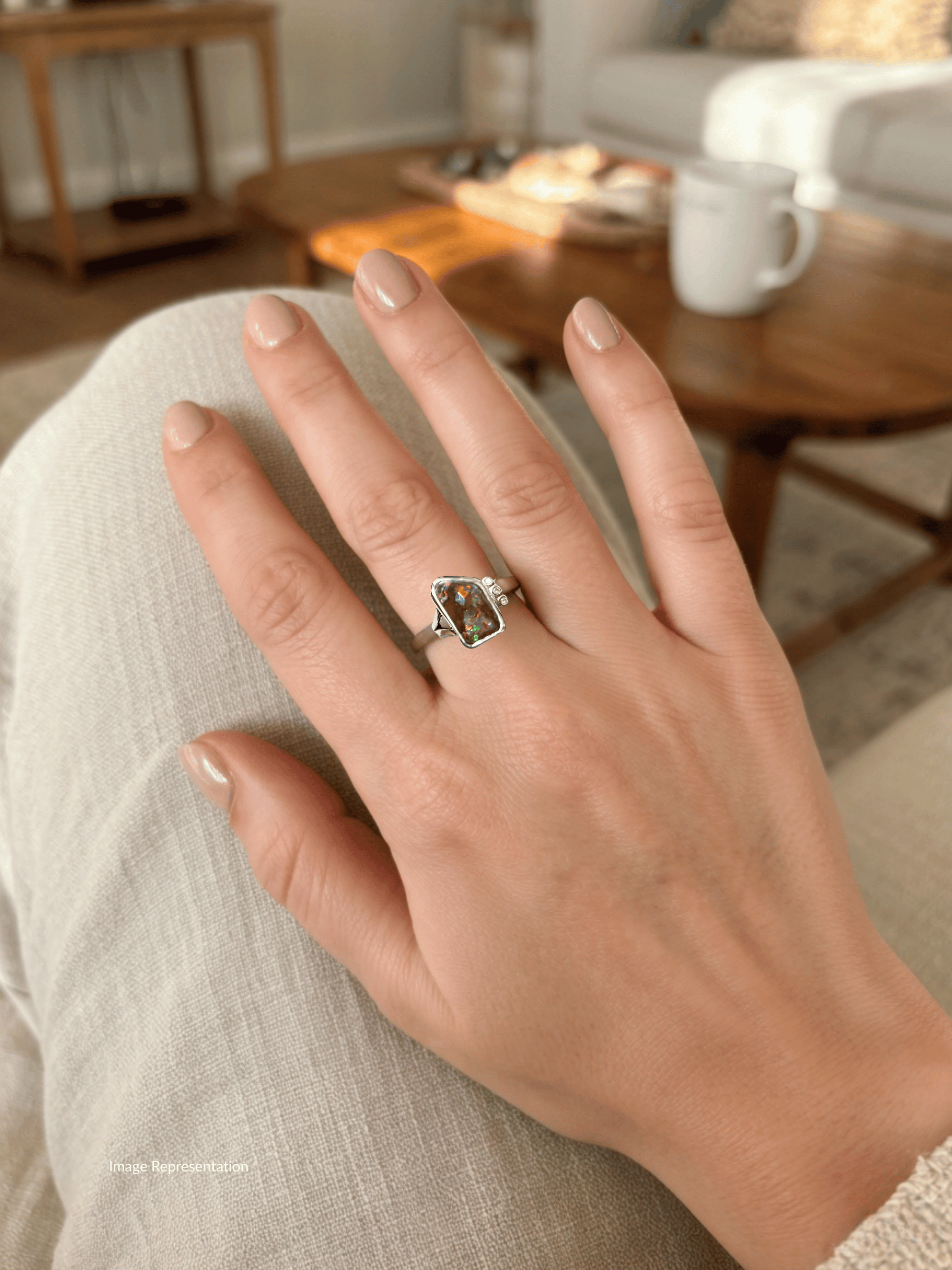 Freeform Boulder Opal and Diamond Silver Ring