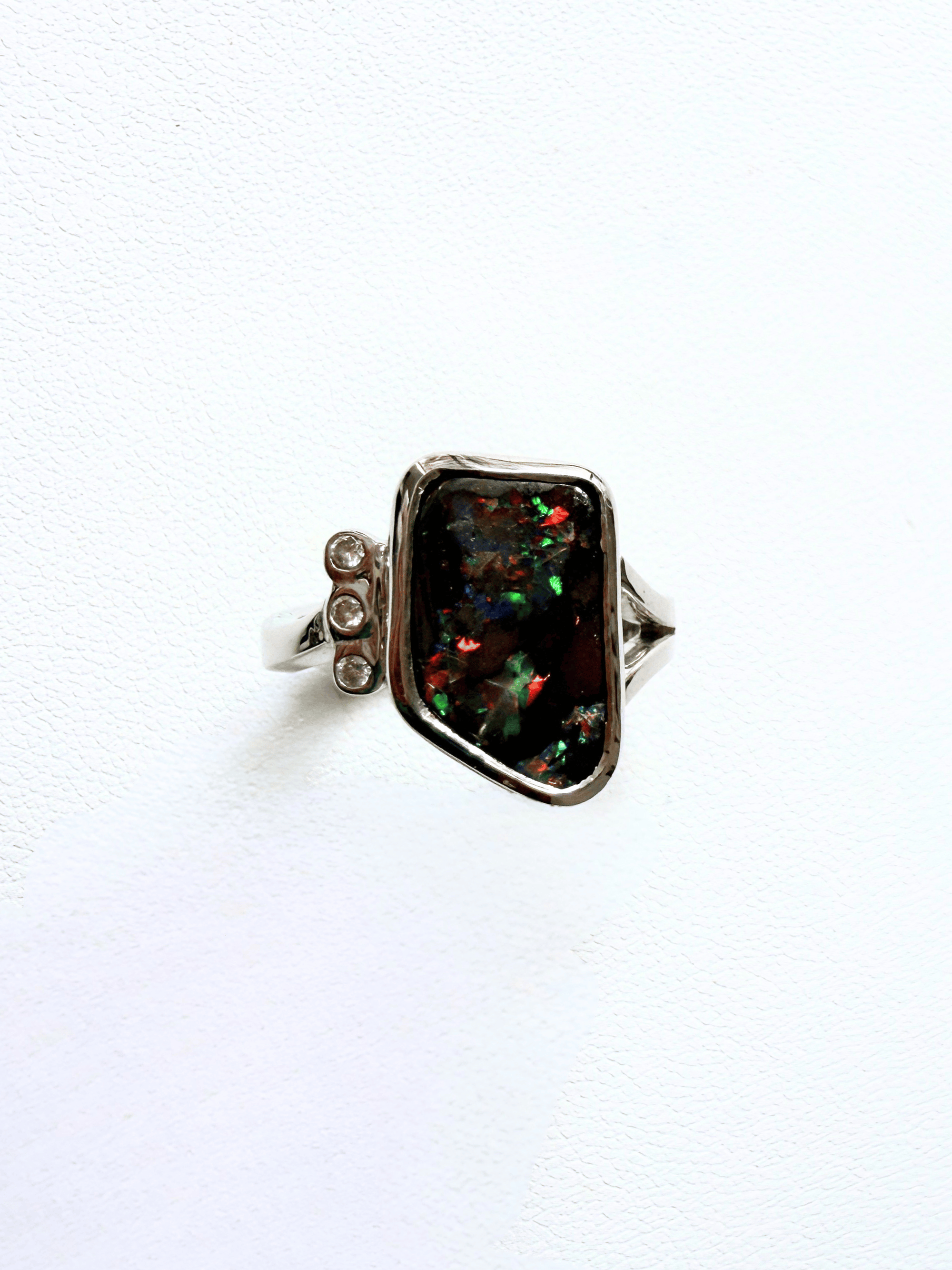 Freeform Boulder Opal and Diamond Silver Ring