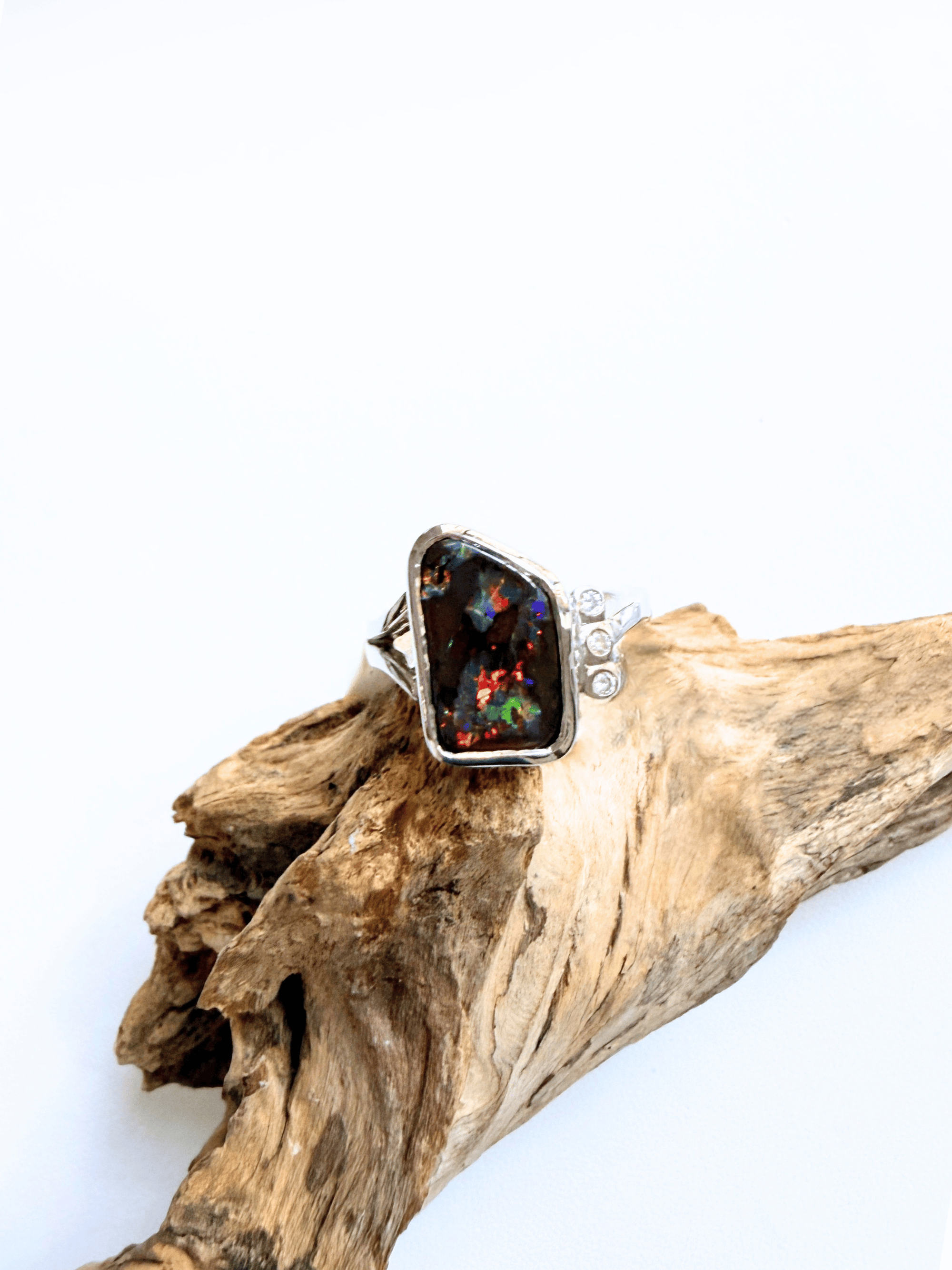 Freeform Boulder Opal and Diamond Silver Ring