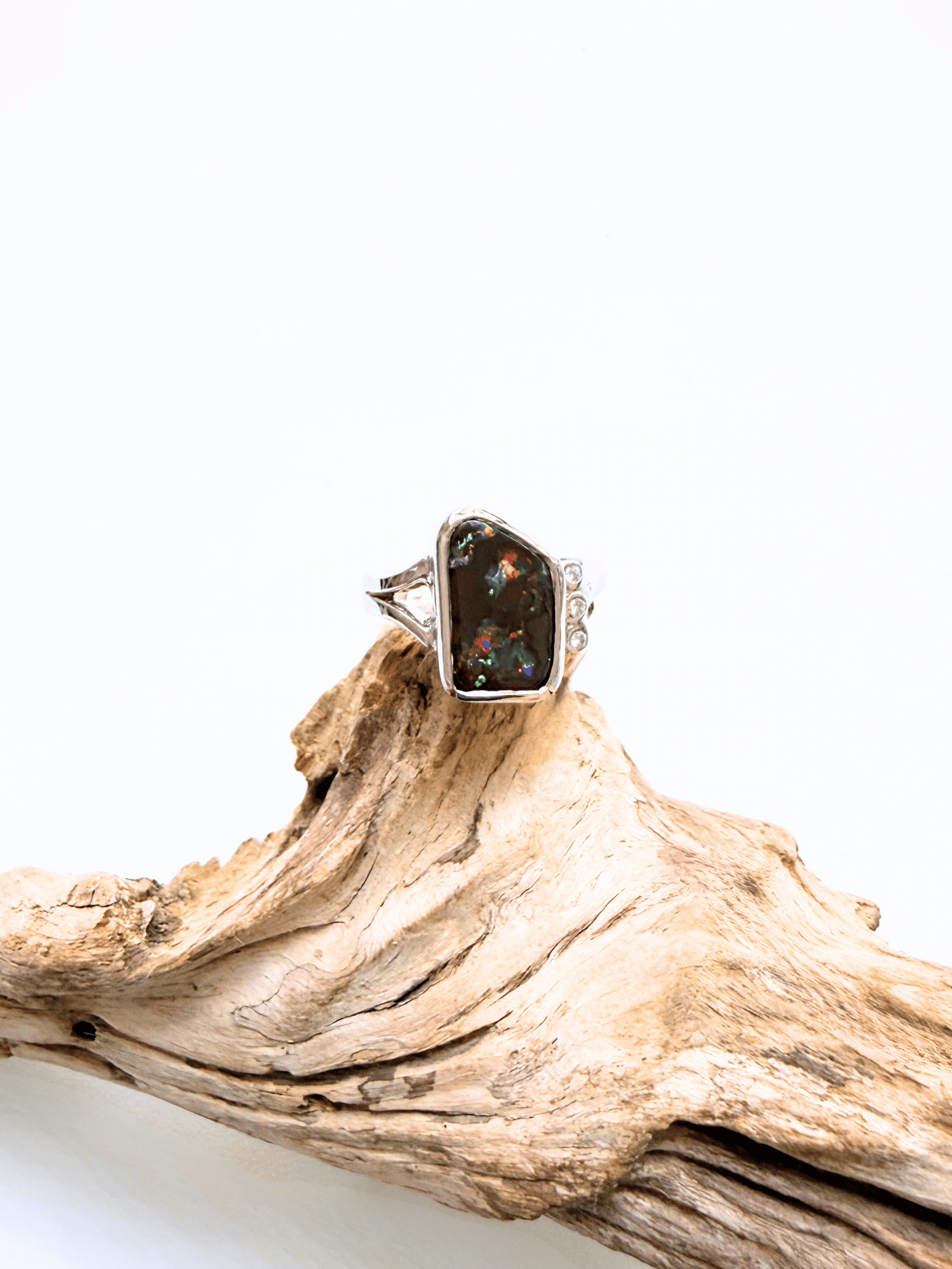 Freeform Boulder Opal and Diamond Silver Ring