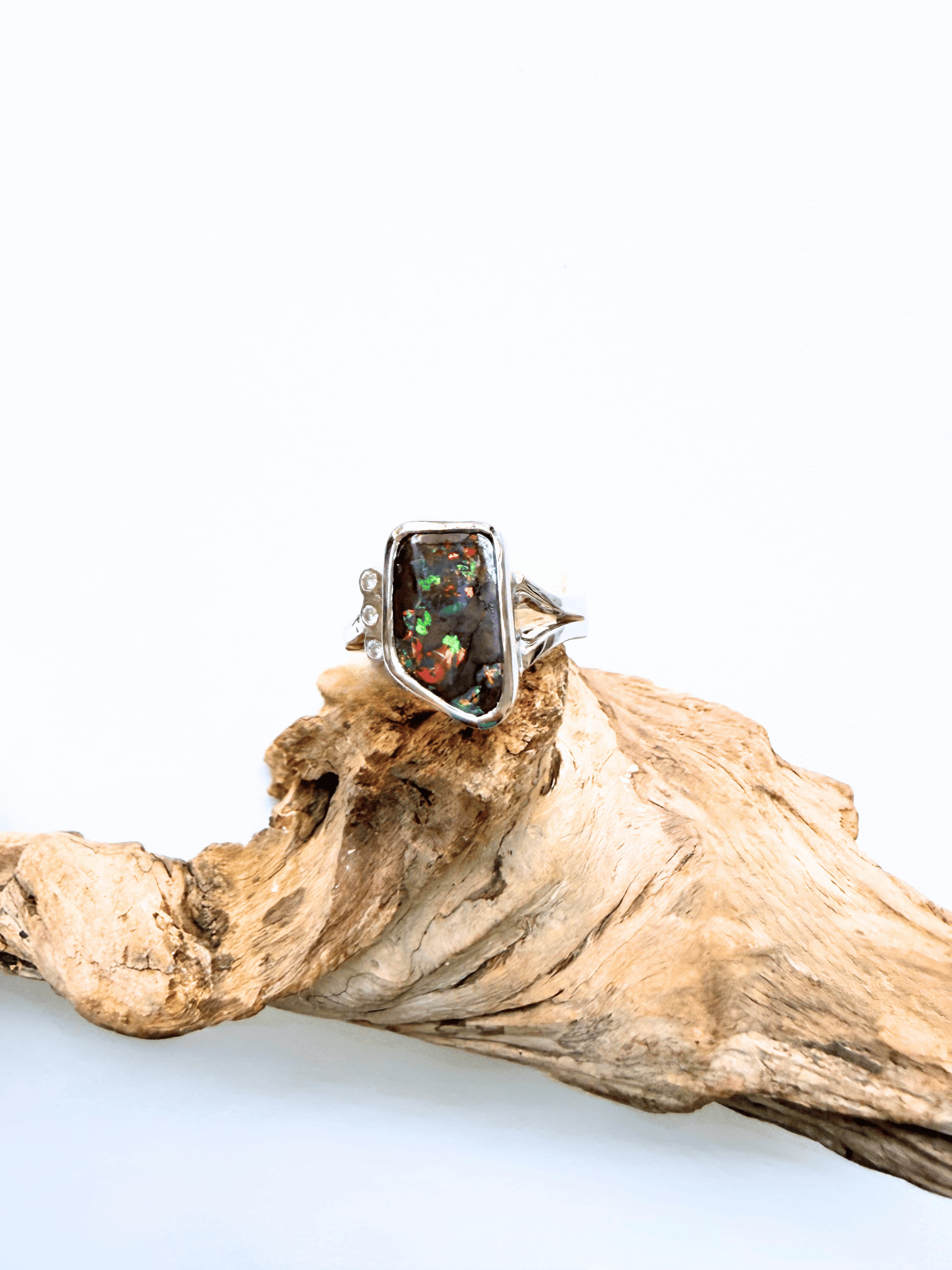 Freeform Boulder Opal and Diamond Silver Ring