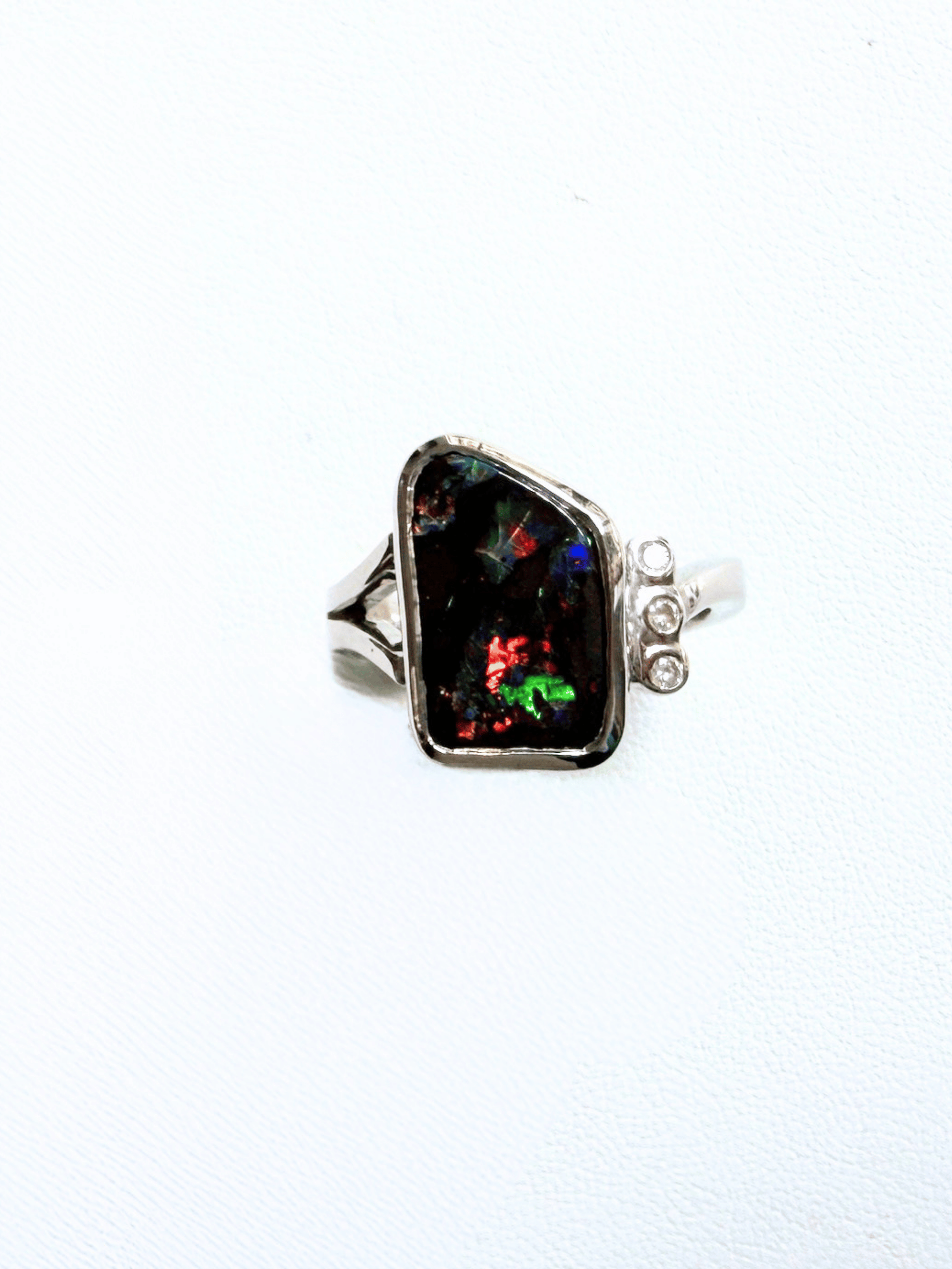 Freeform Boulder Opal and Diamond Silver Ring