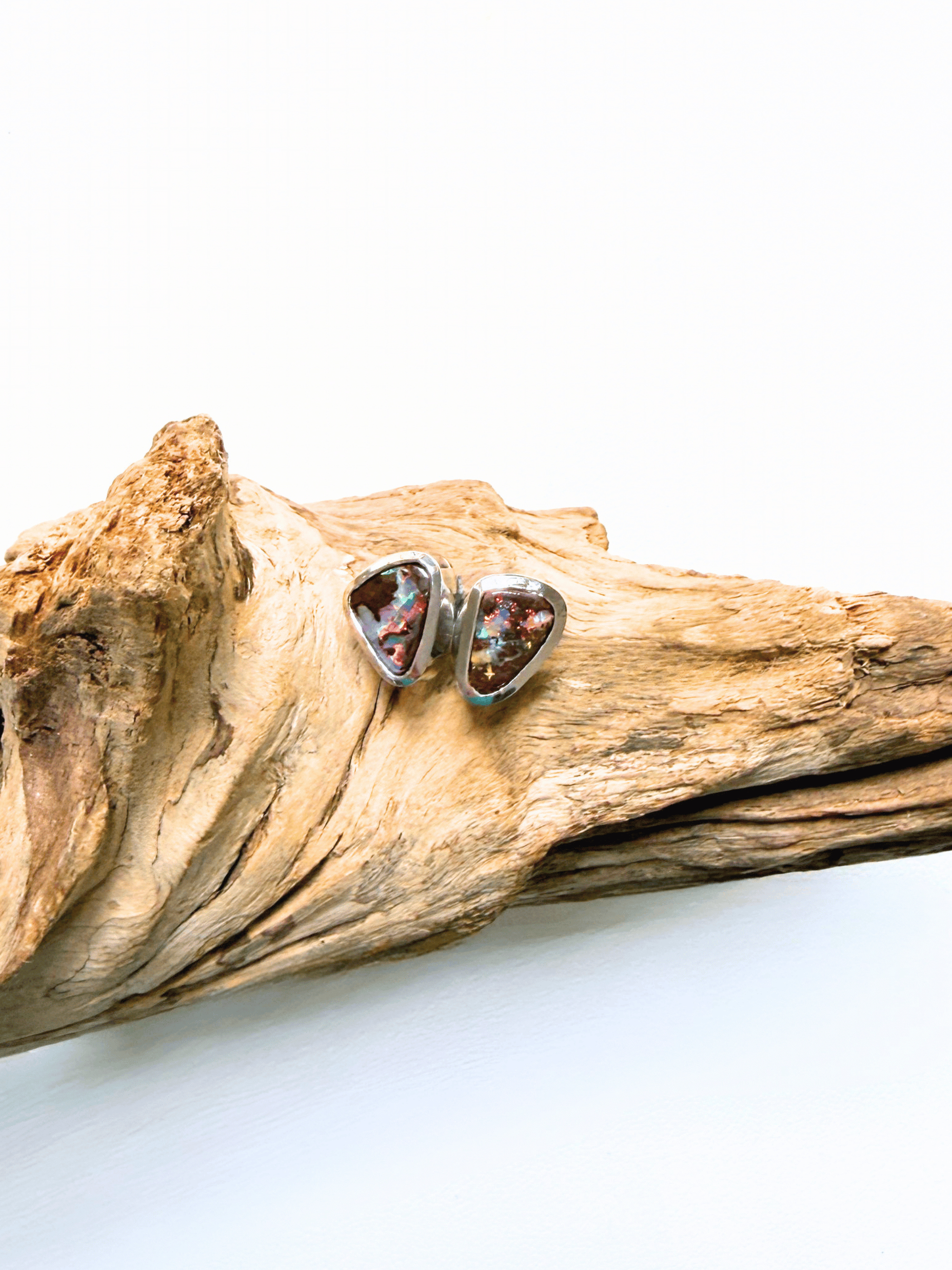 Boulder Opal Triangle Colour Silver Stud Earrings