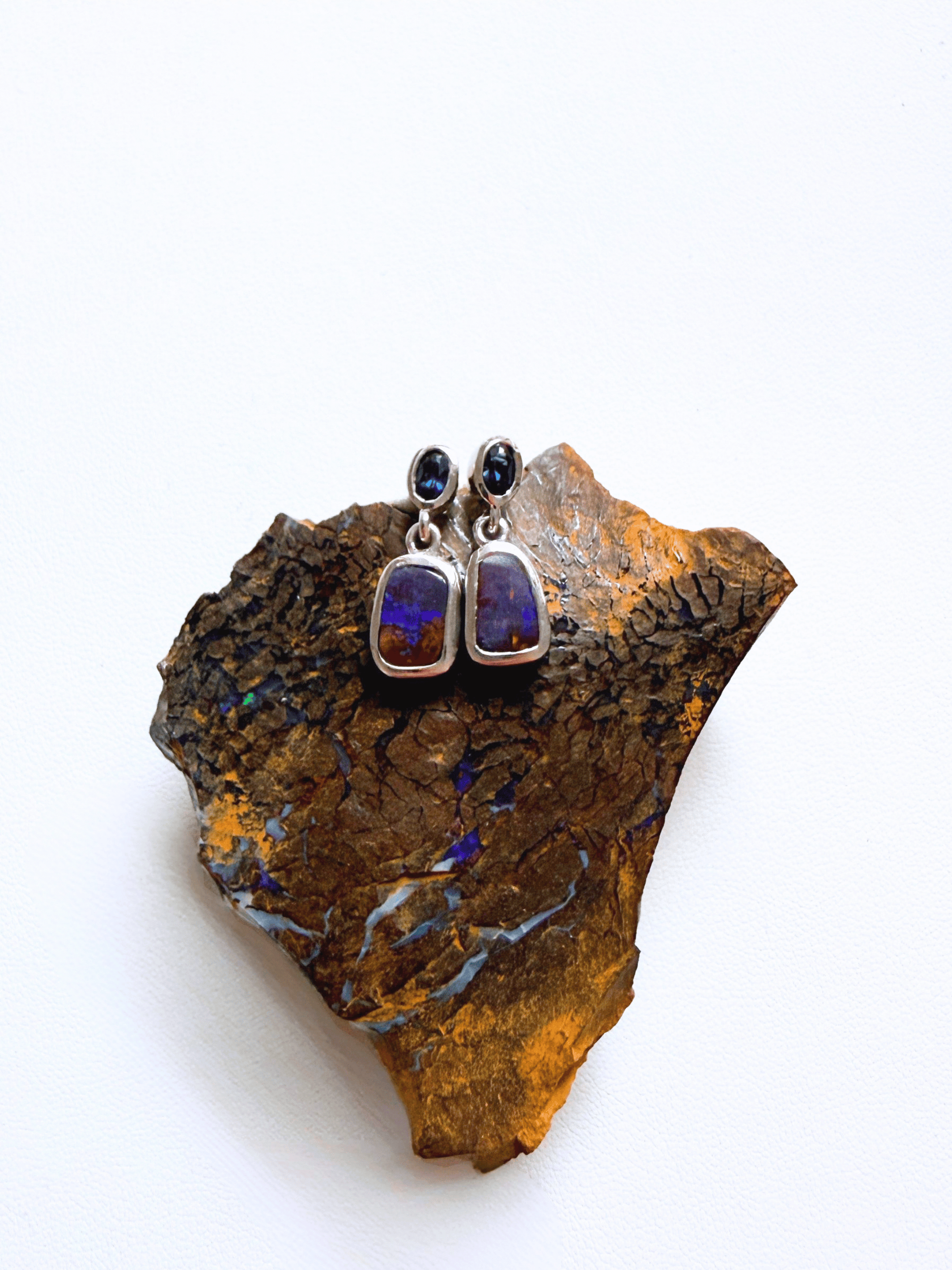 Boulder Opal and Blue Australian Sapphire Silver Drop Earrings