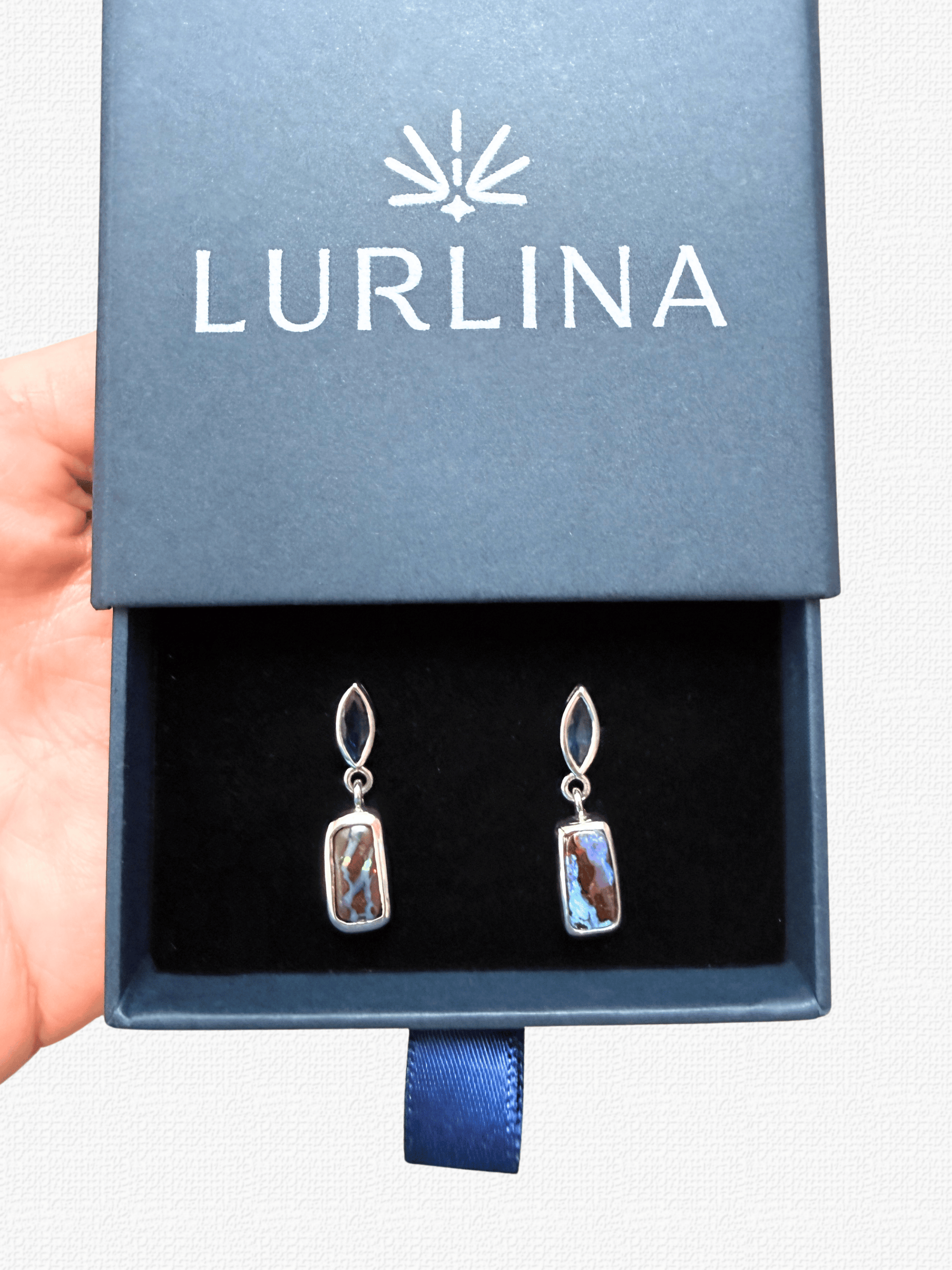 Boulder Opal and Blue Marquise Sapphire Silver Drop Earrings