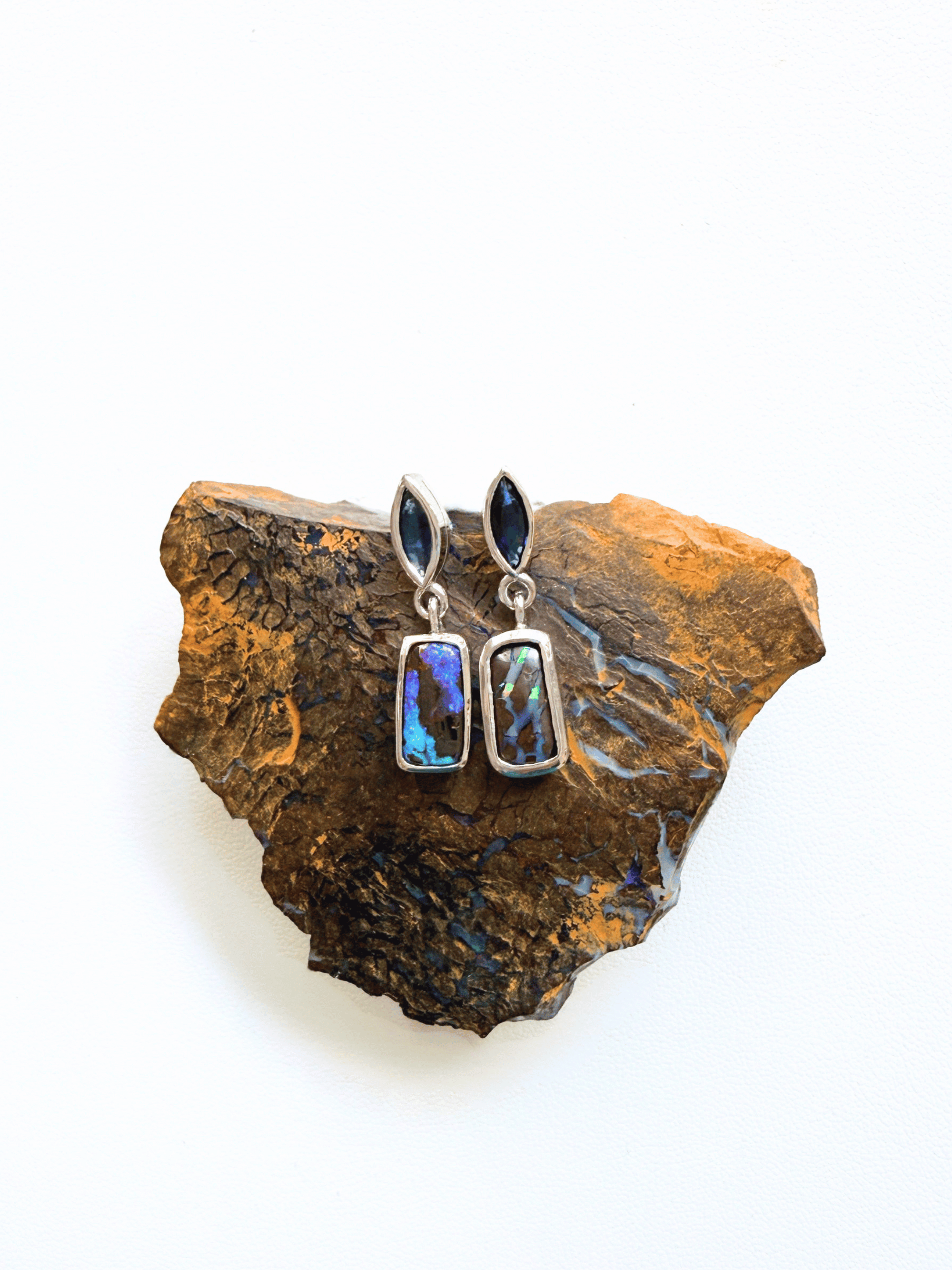 Boulder Opal and Blue Marquise Sapphire Silver Drop Earrings